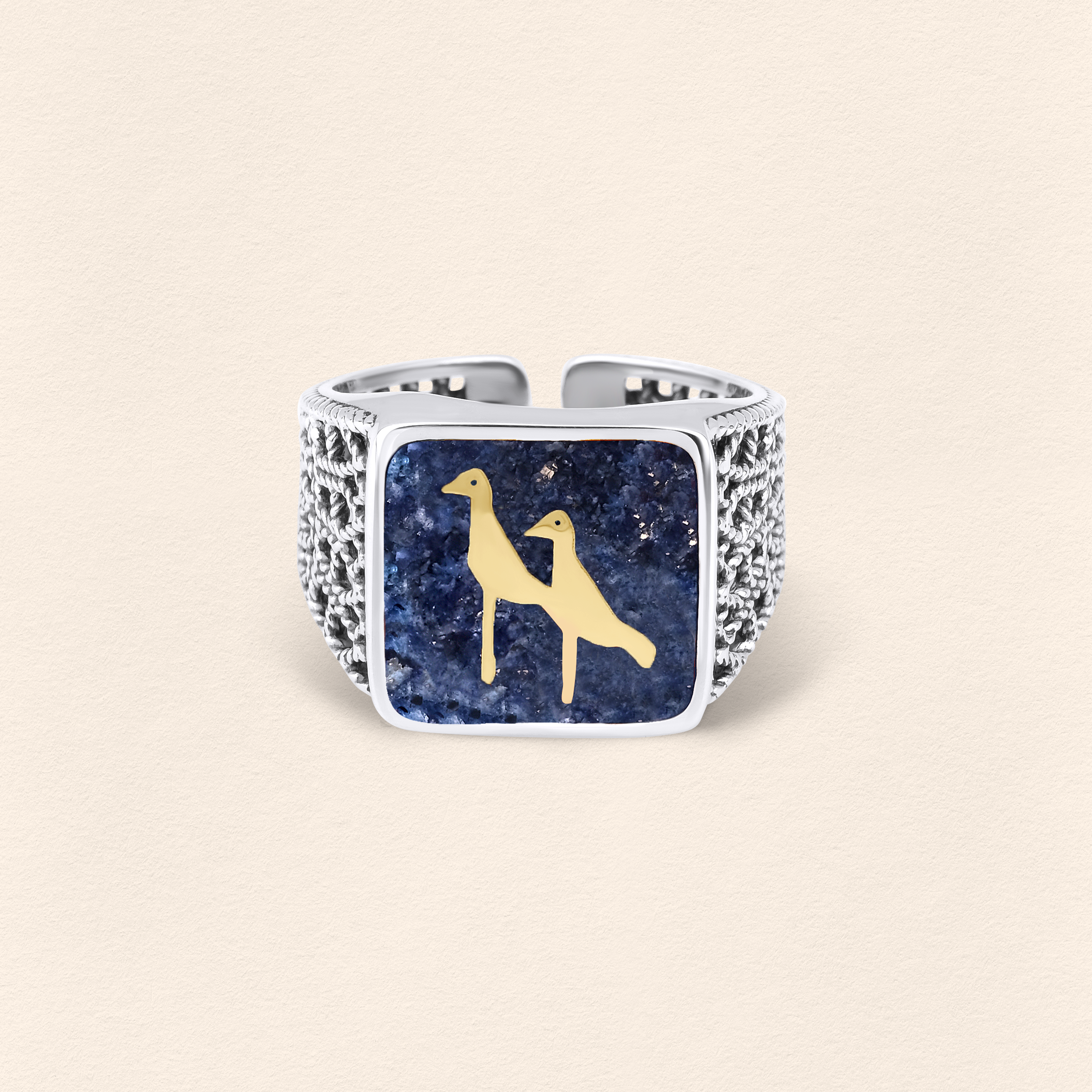 Lapis Crane Filigree Ring Silver - Men