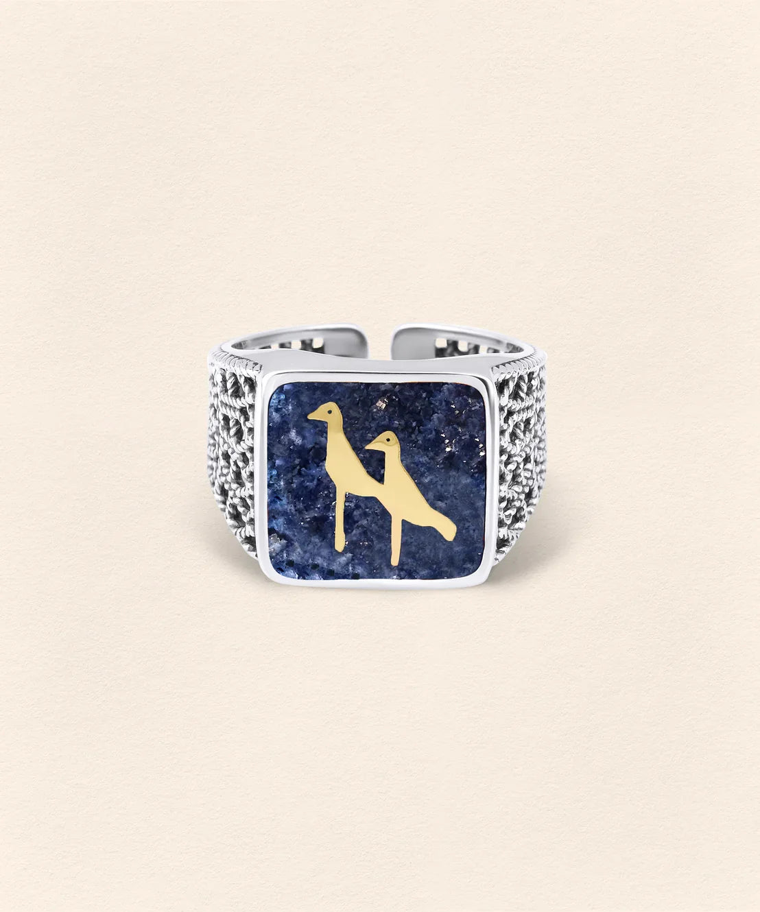 Lapis Crane Filigree Ring Silver Couple Set - 5