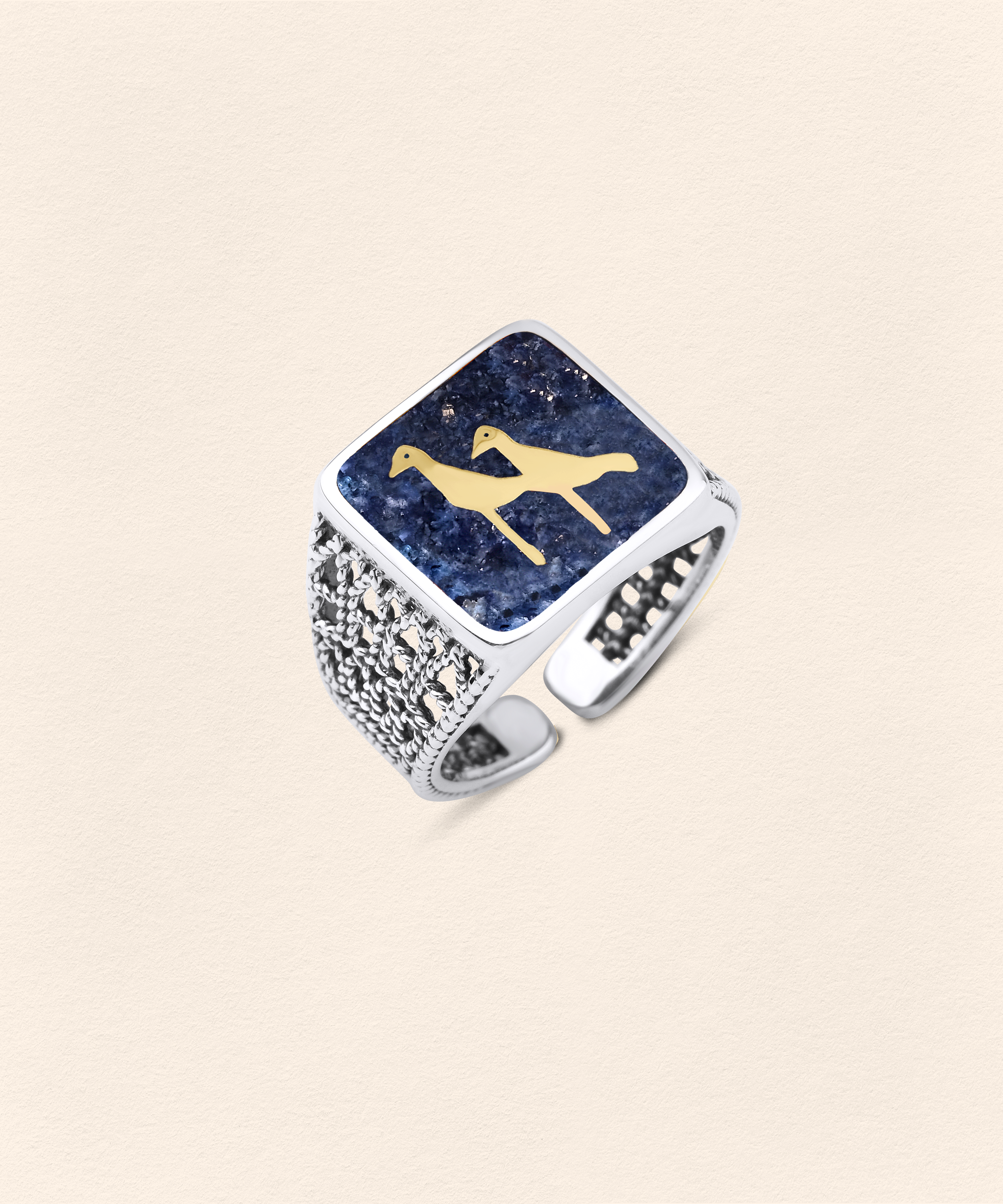 Lapis Crane Filigree Ring Silver - Men - 5