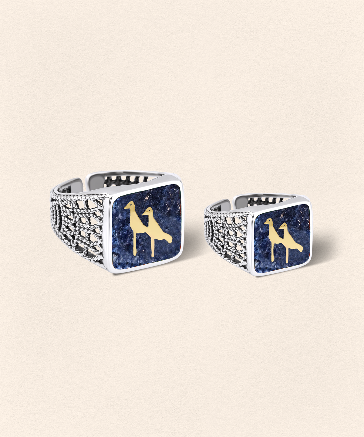 Lapis Crane Filigree Ring Silver Couple Set - 2