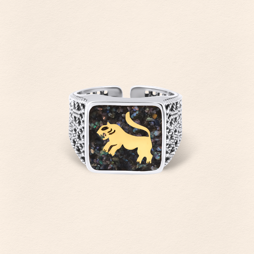 Black Pearl Lion Filigree Unisex Ring Silver