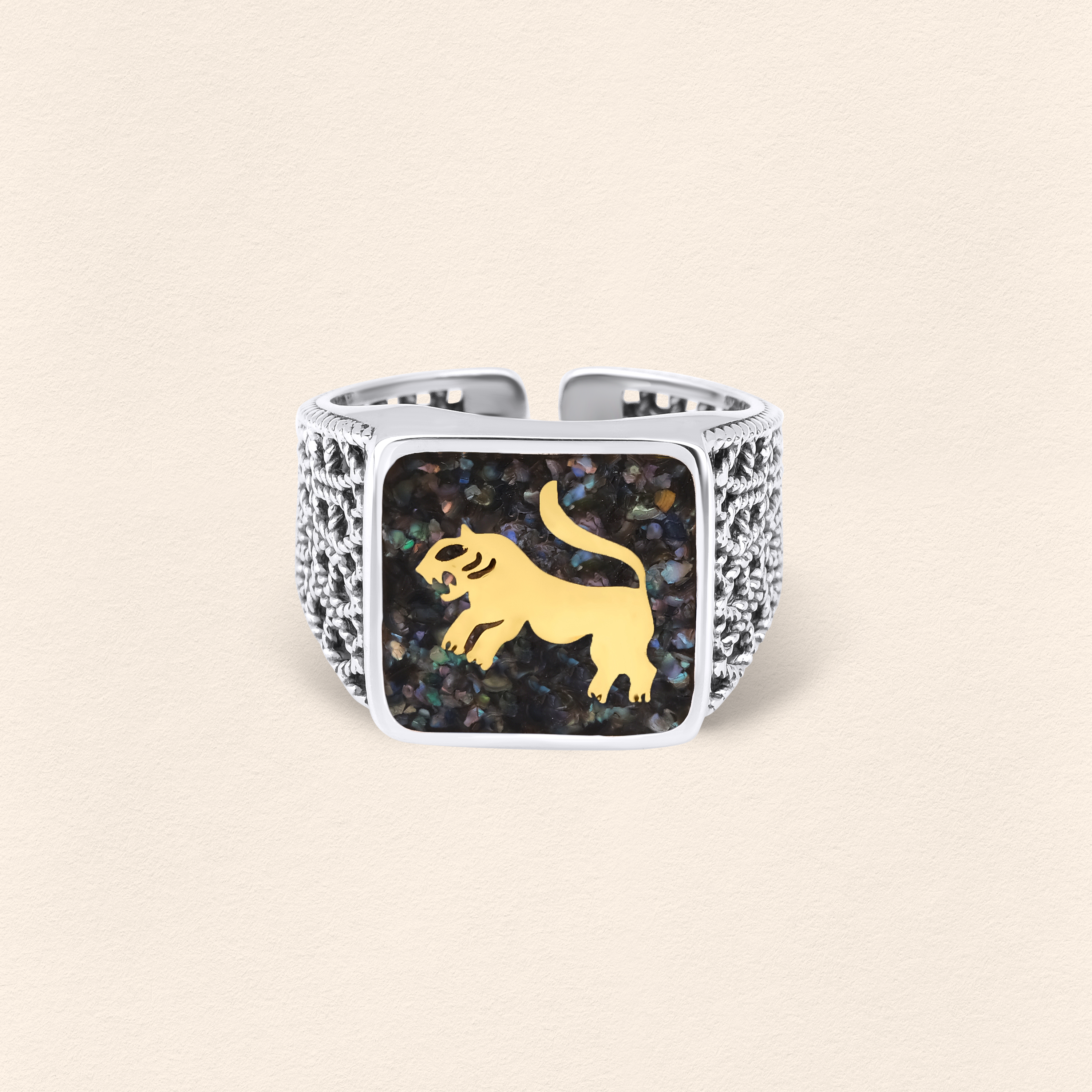Black Pearl Lion Filigree Ring Silver - Men