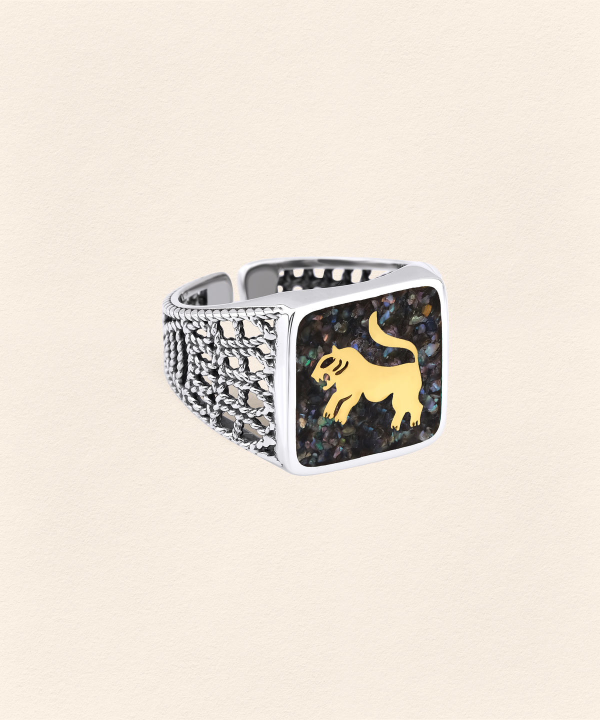 Black Pearl Lion Filigree Unisex Ring Silver - 3