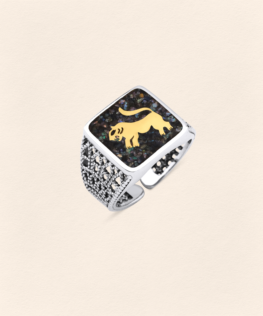 Black Pearl Lion Filigree Ring Silver Couple Set - 10