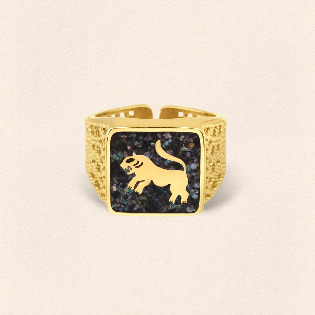 Black Pearl Lion Filigree Ring Couple Set - 6