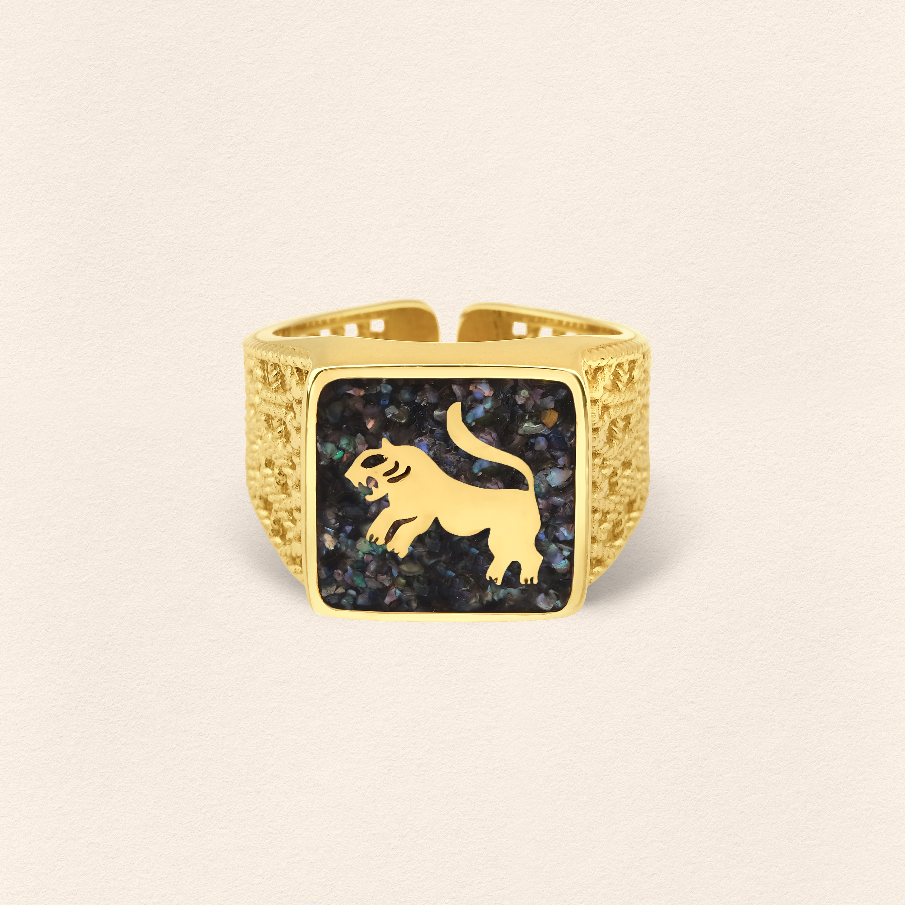 Black Pearl Lion  Filigree Ring - Men