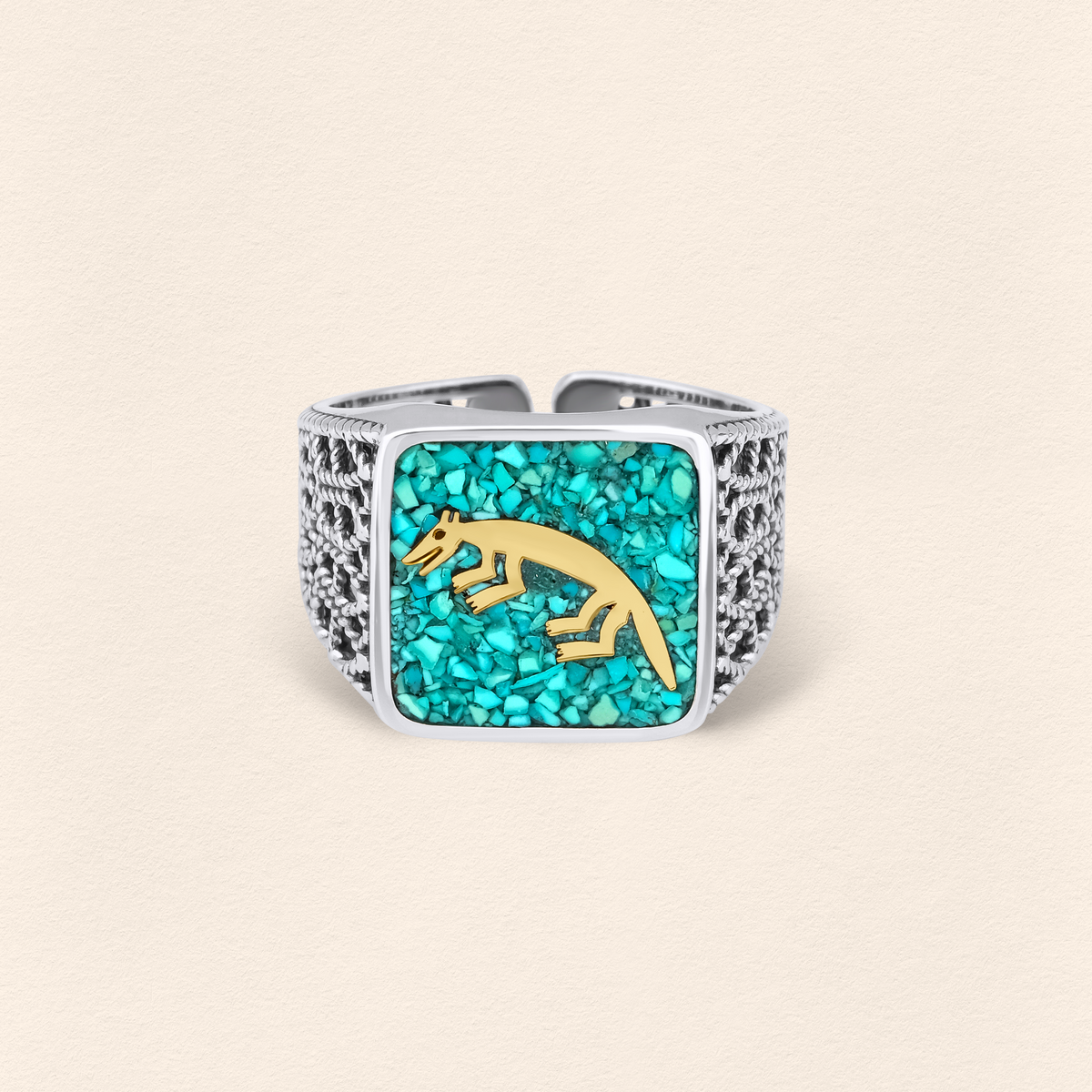 Turquoise Fox Filigree Ring Couple Set - 6