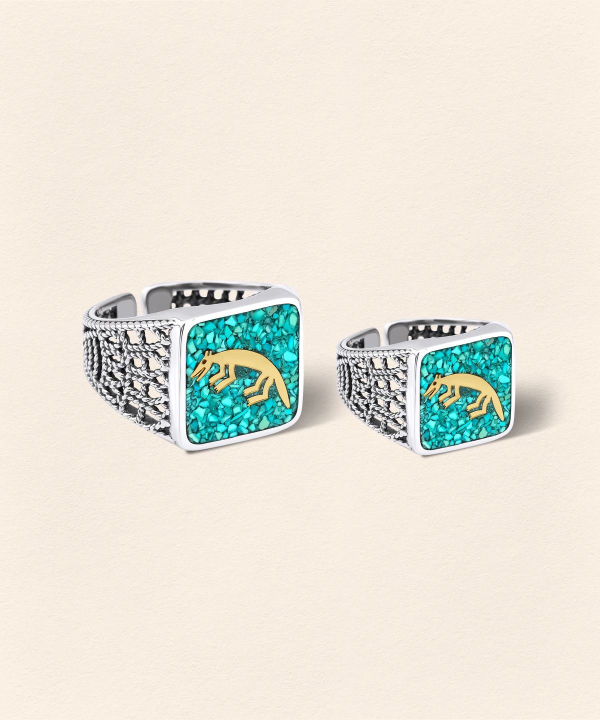 Turquoise Fox Filigree Ring Couple Set - 2