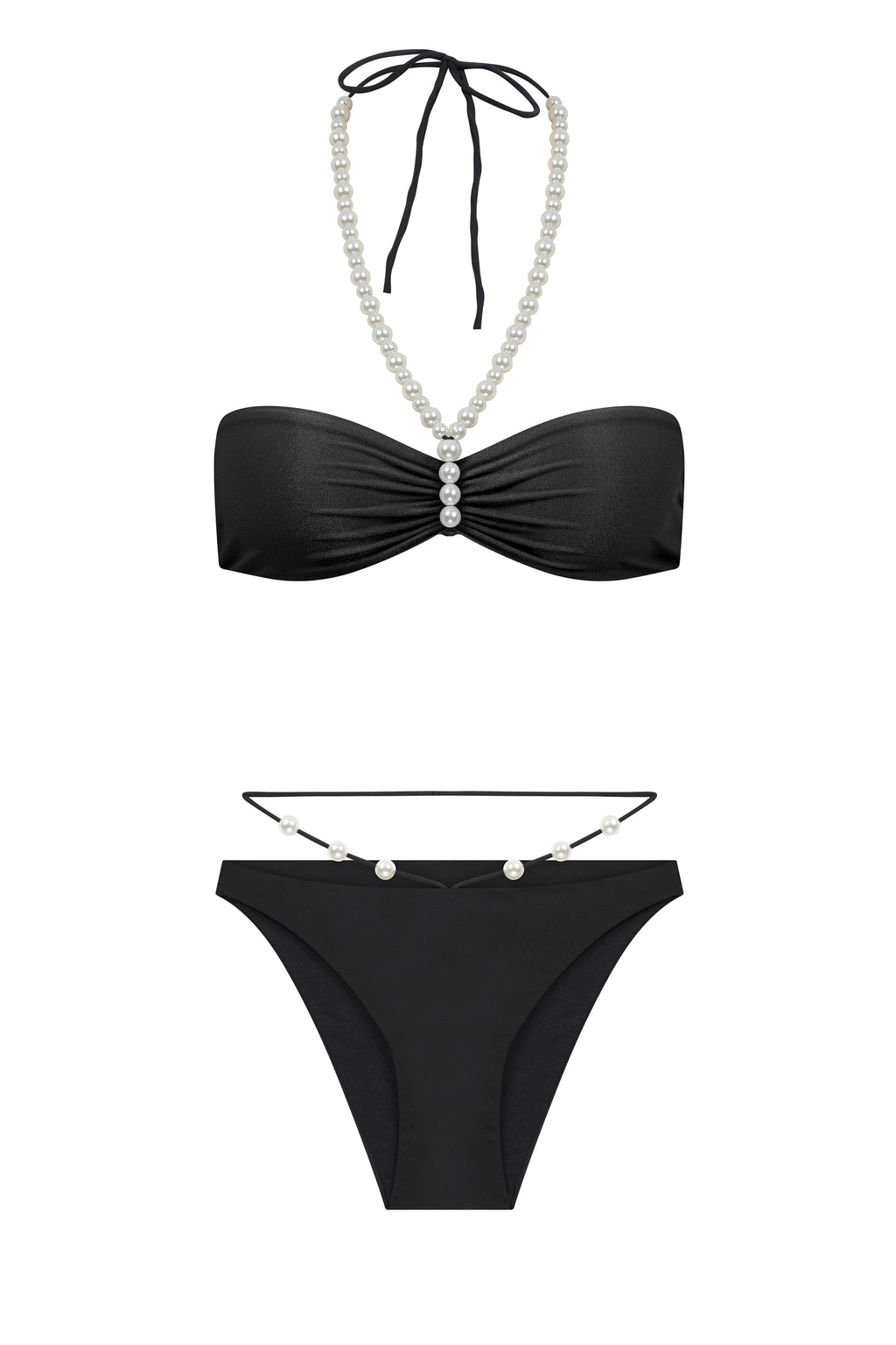 Faux-Pearl Embellished Ribbed Halterneck Bikini - Black