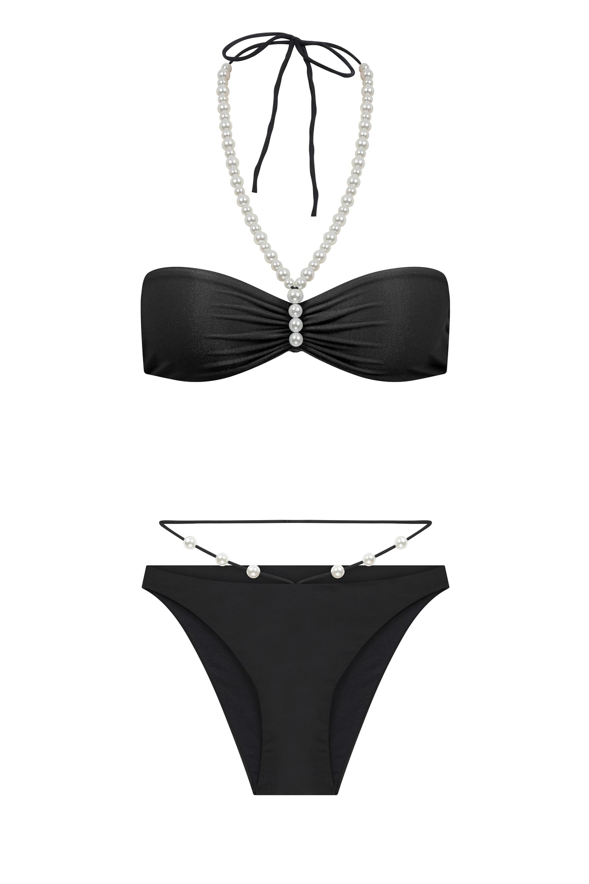 Faux-Pearl Embellished Ribbed Halterneck Bikini - Black