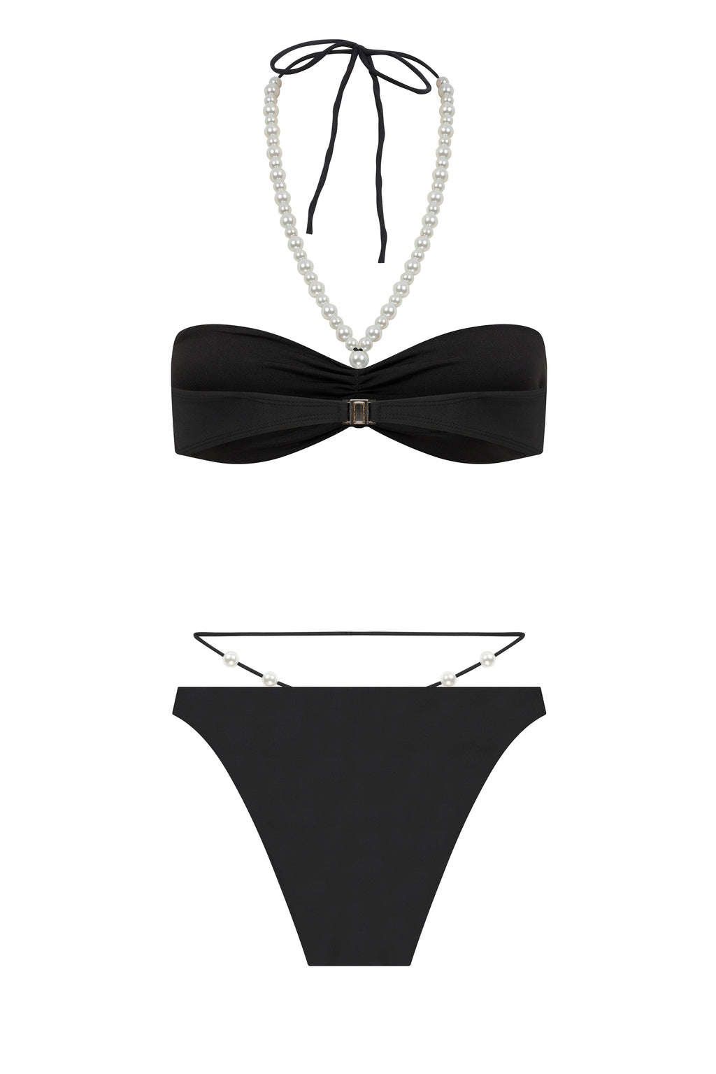 Faux-Pearl Embellished Ribbed Halterneck Bikini - Black