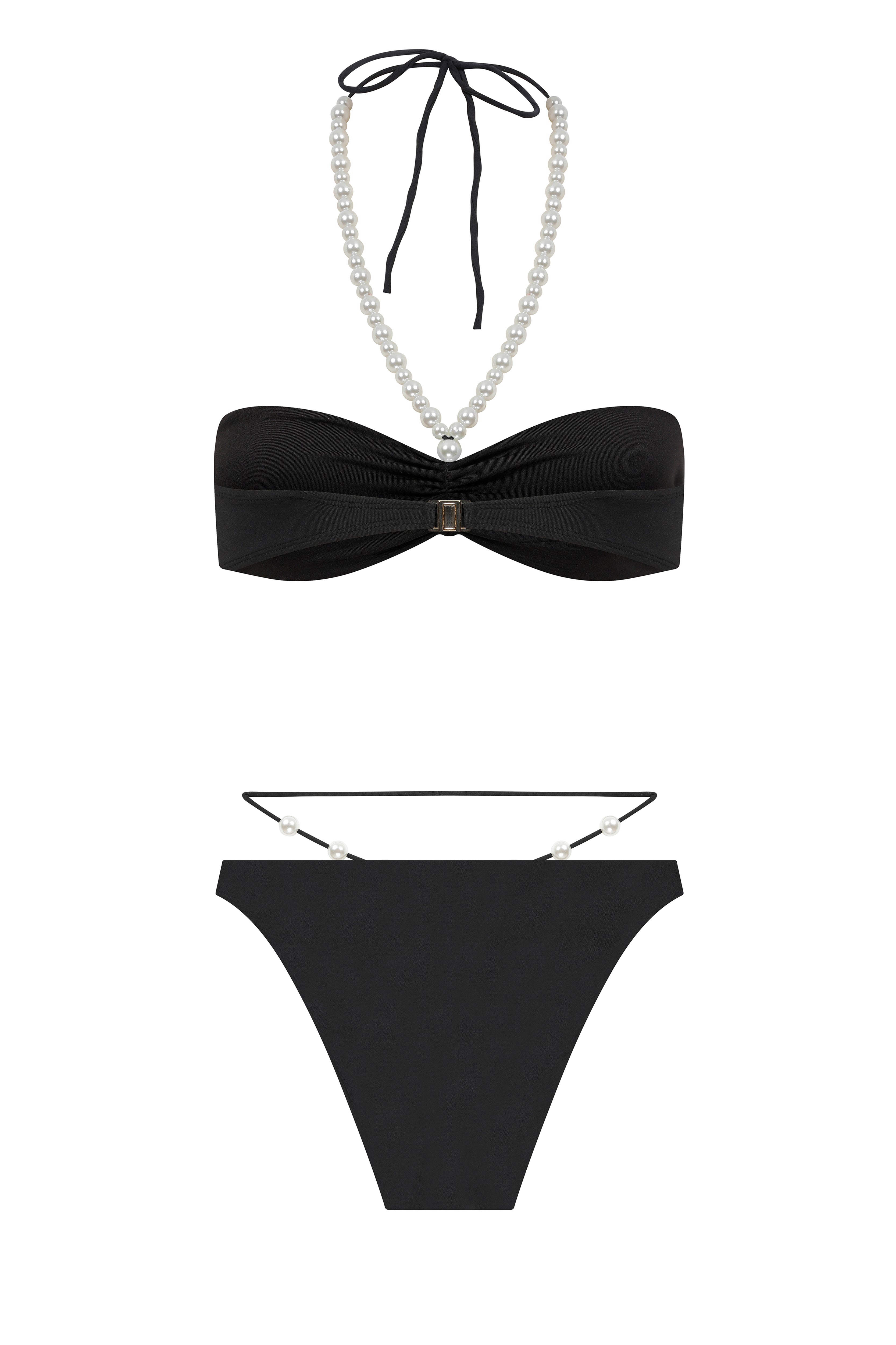 Faux-Pearl Embellished Ribbed Halterneck Bikini - Black