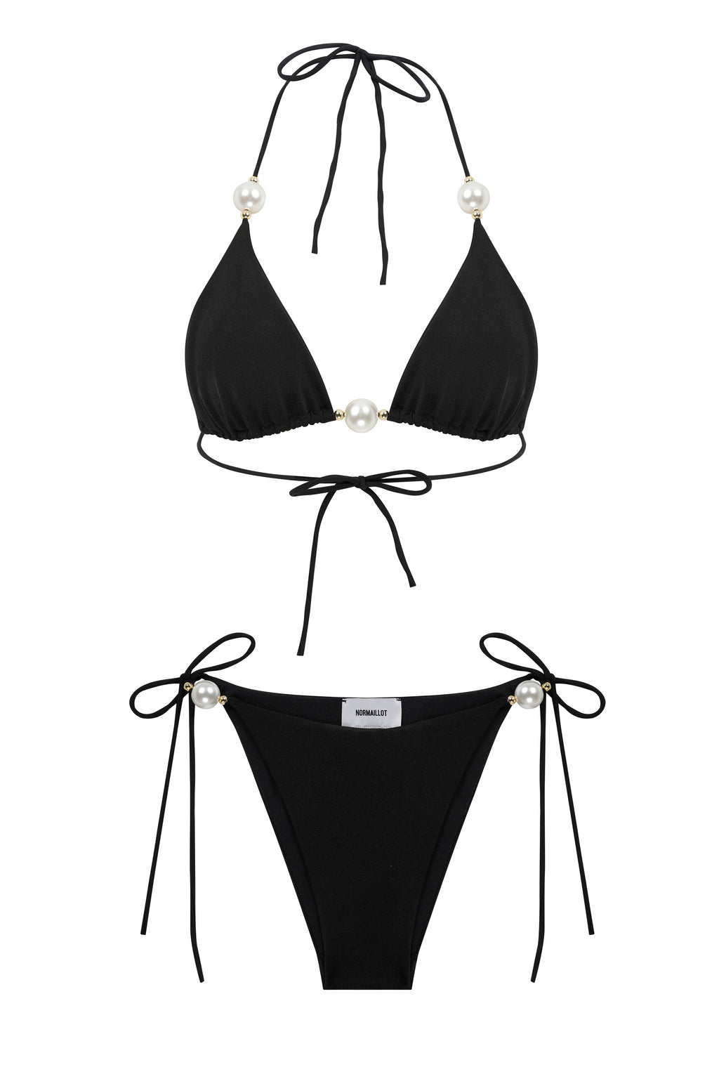 Faux-Pearl Embellished Triangle Bikini - Black