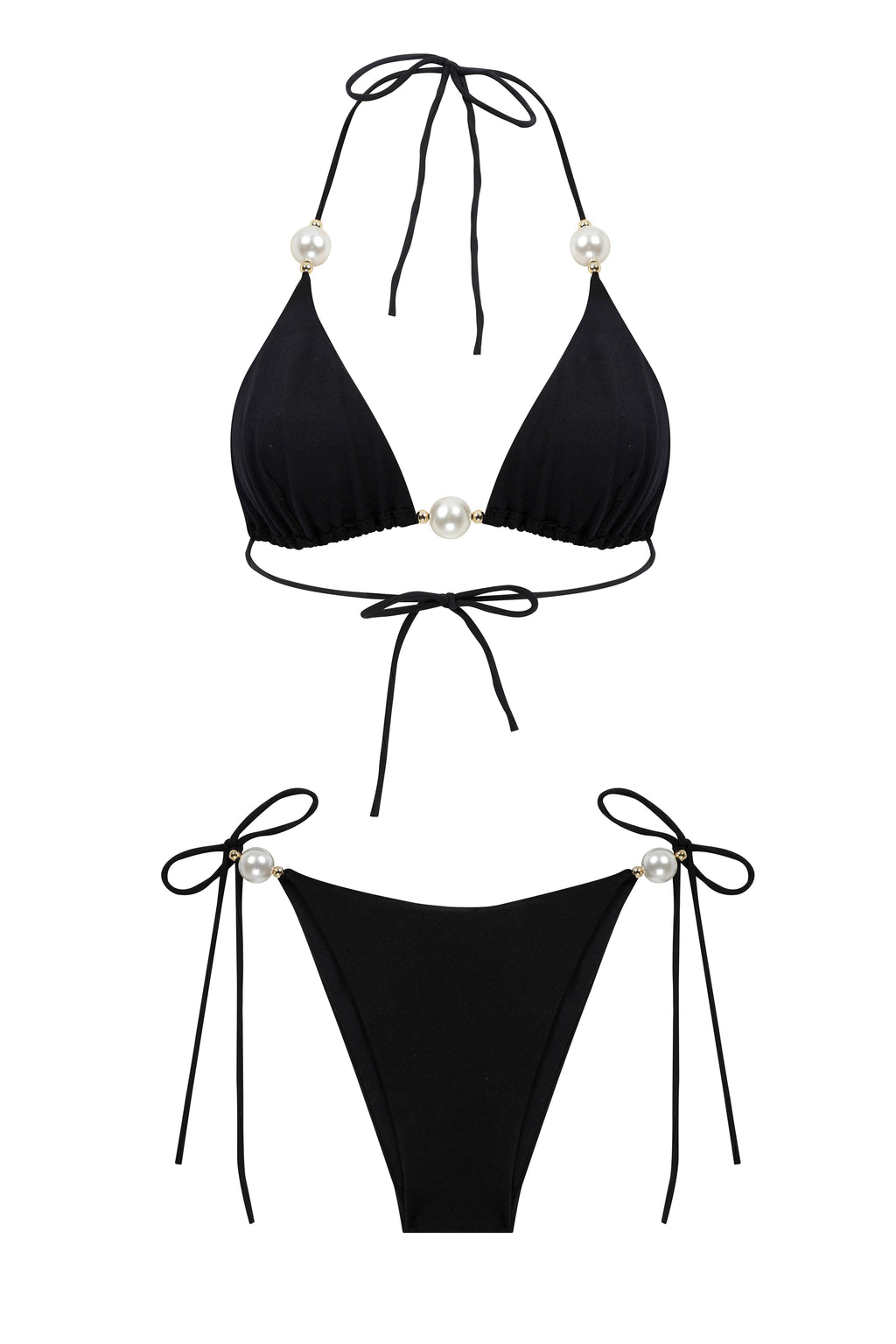 Faux-Pearl Embellished Triangle Bikini - Black