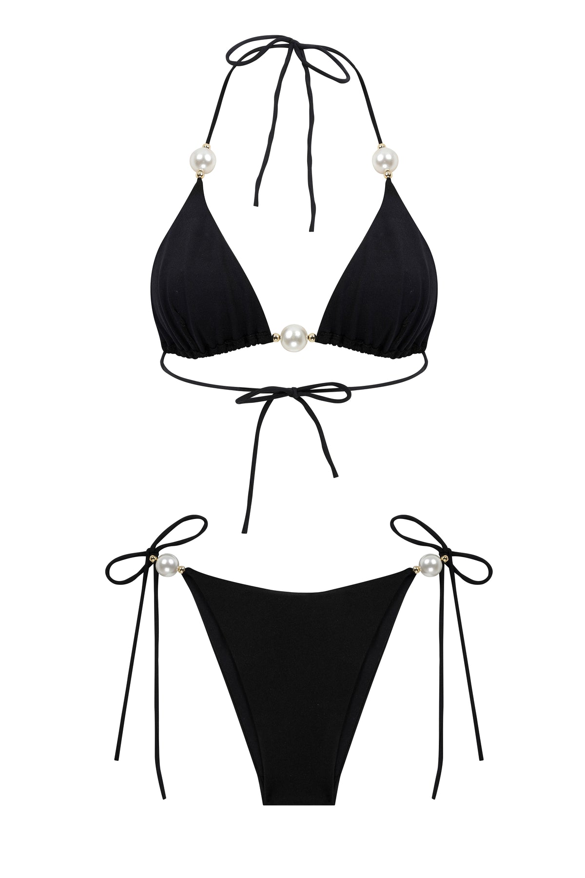 Faux-Pearl Embellished Triangle Bikini - Black