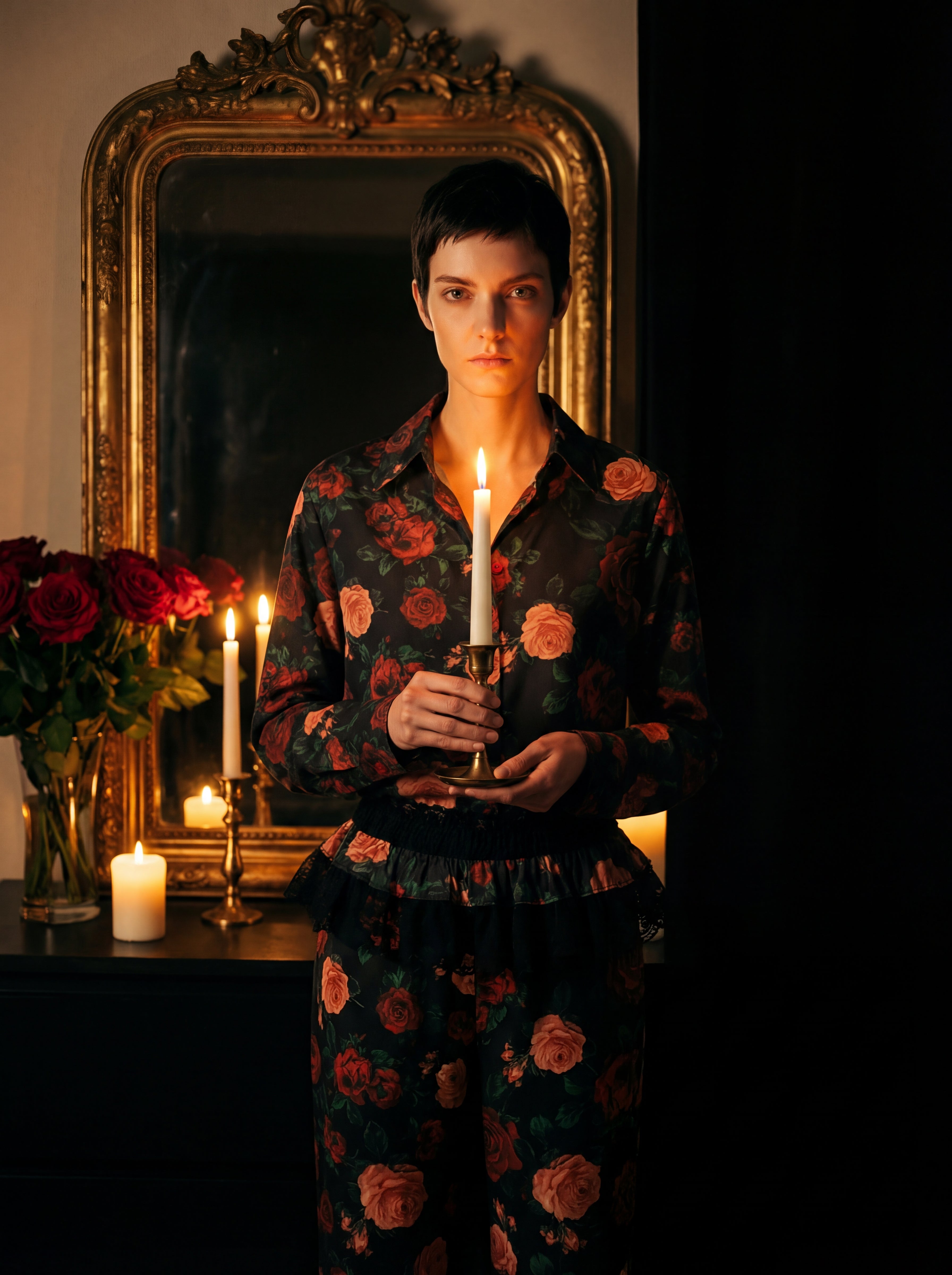 Roseline Rose-Printed Cotton Pajama Set - Black