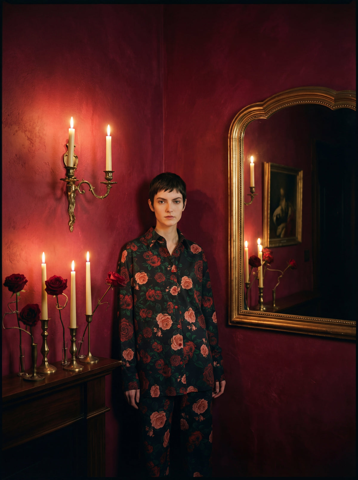 Roseline Rose-Printed Cotton Pajama Set - Black