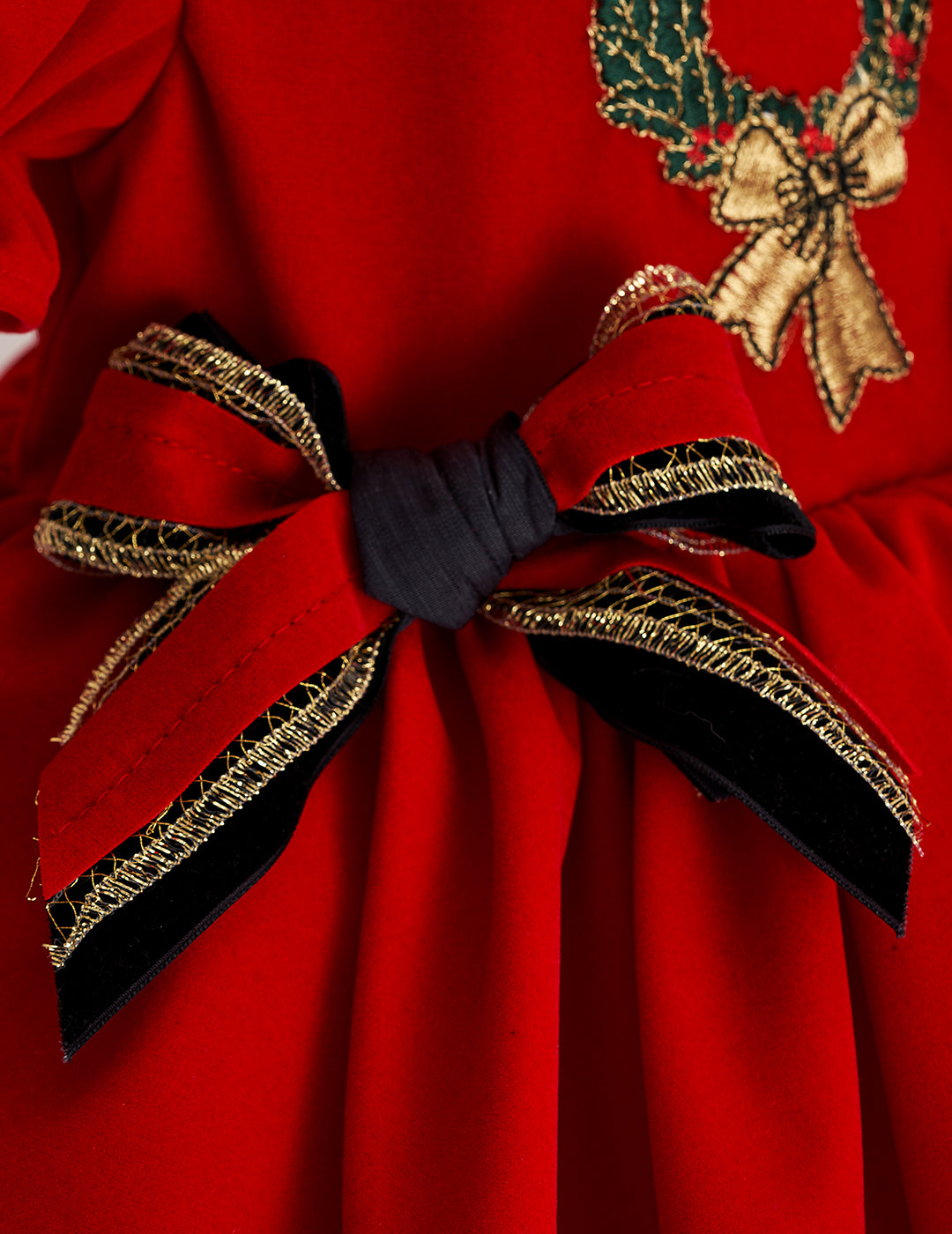 Wreath Embroidered Plaid Detail Christmas Dress