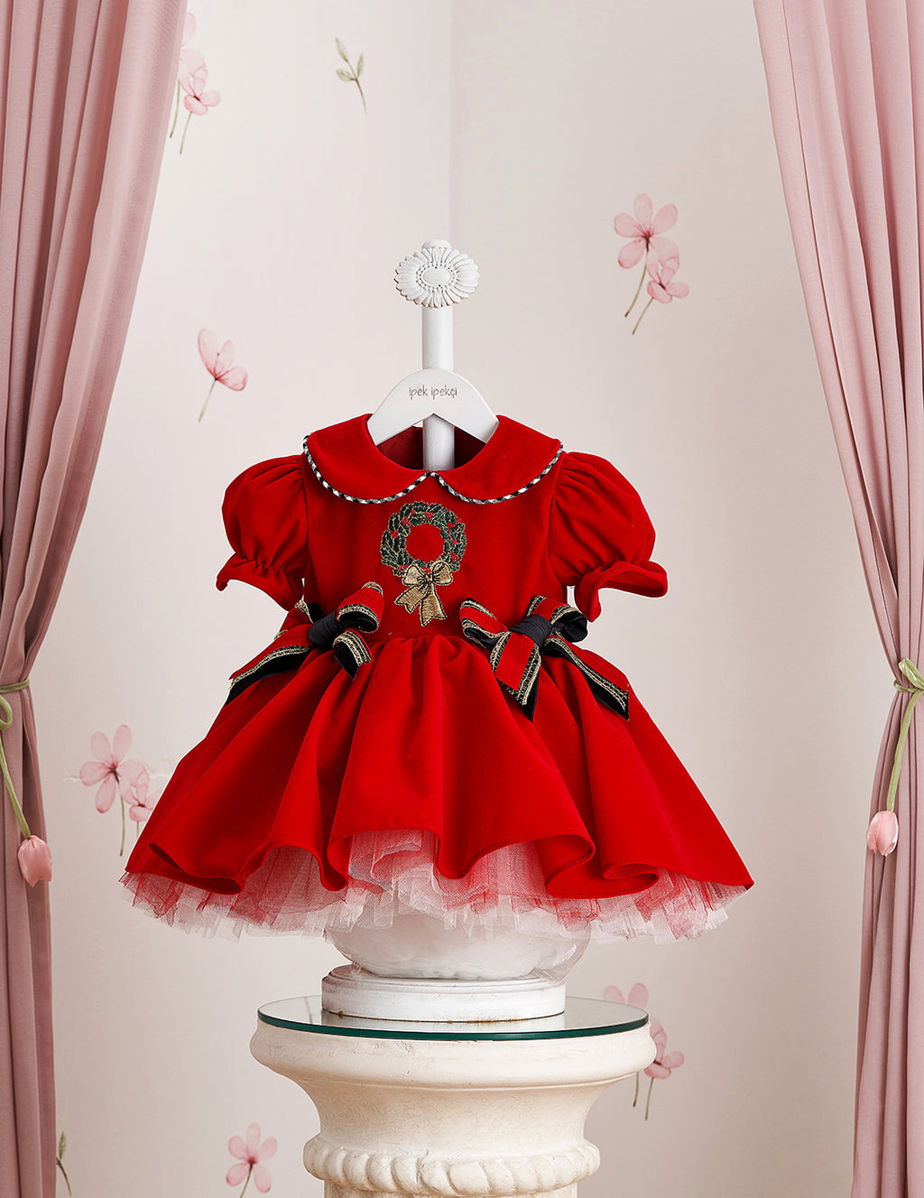 Wreath Embroidered Plaid Detail Christmas Dress