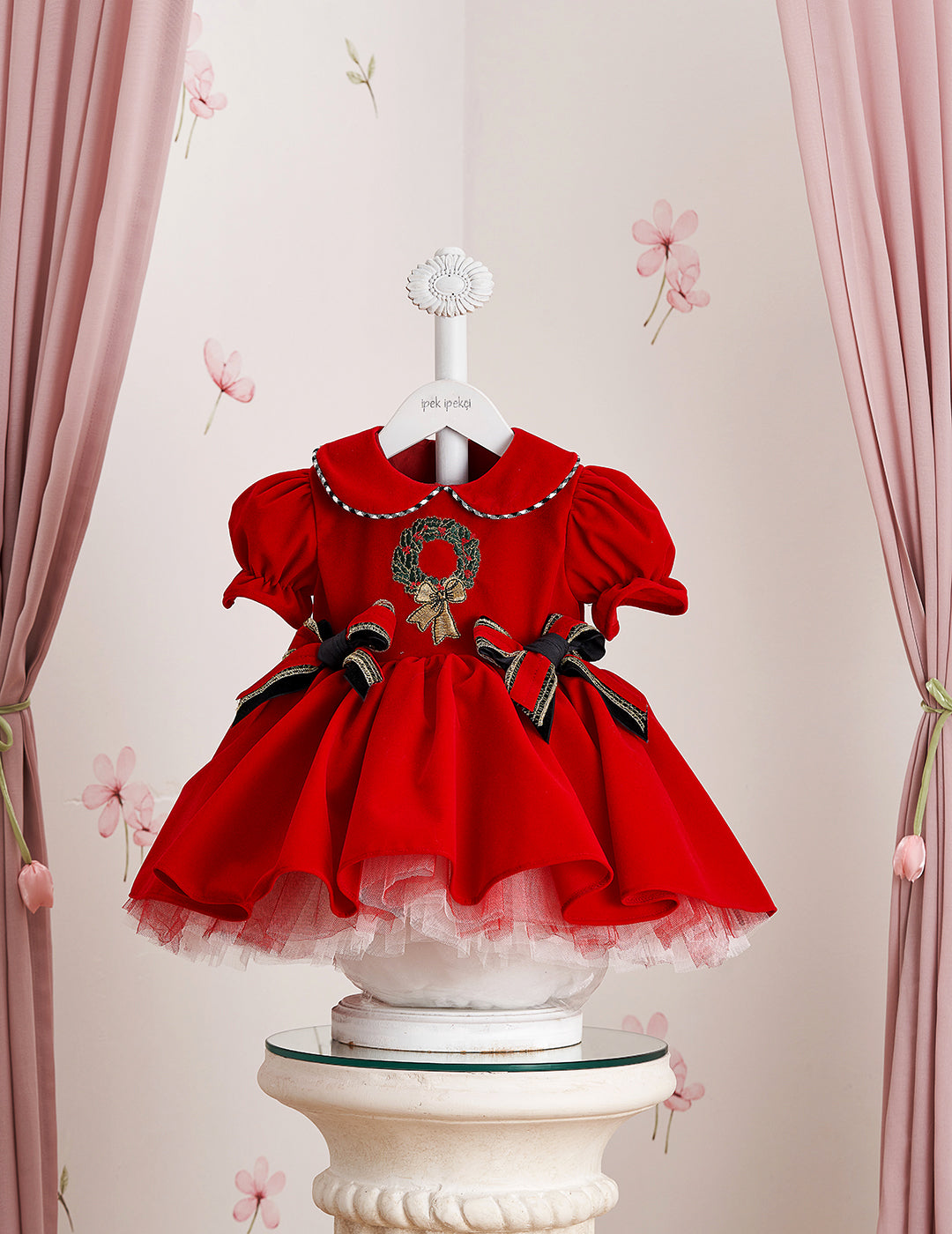 Wreath Embroidered Plaid Detail Christmas Dress
