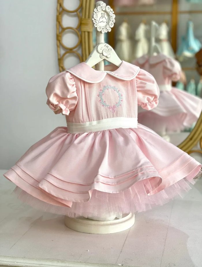 Wreath Embroidered Pink Birthday Dress