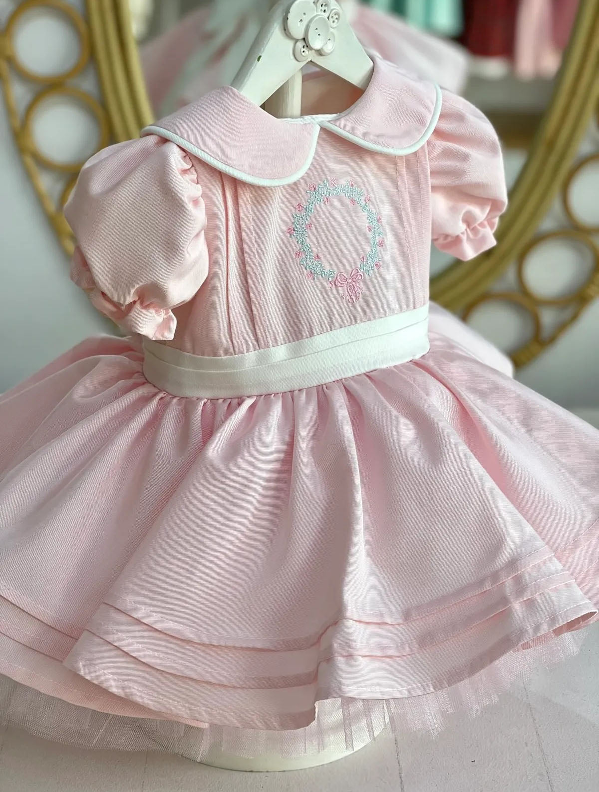 Wreath Embroidered Pink Birthday Dress