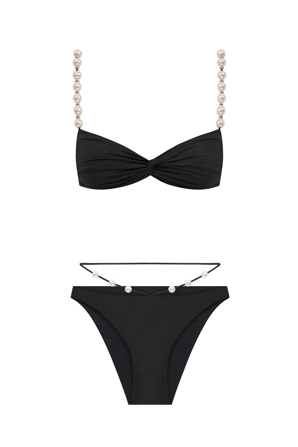 Faux-Pearl Embellished Twist-Front Bikini - Black