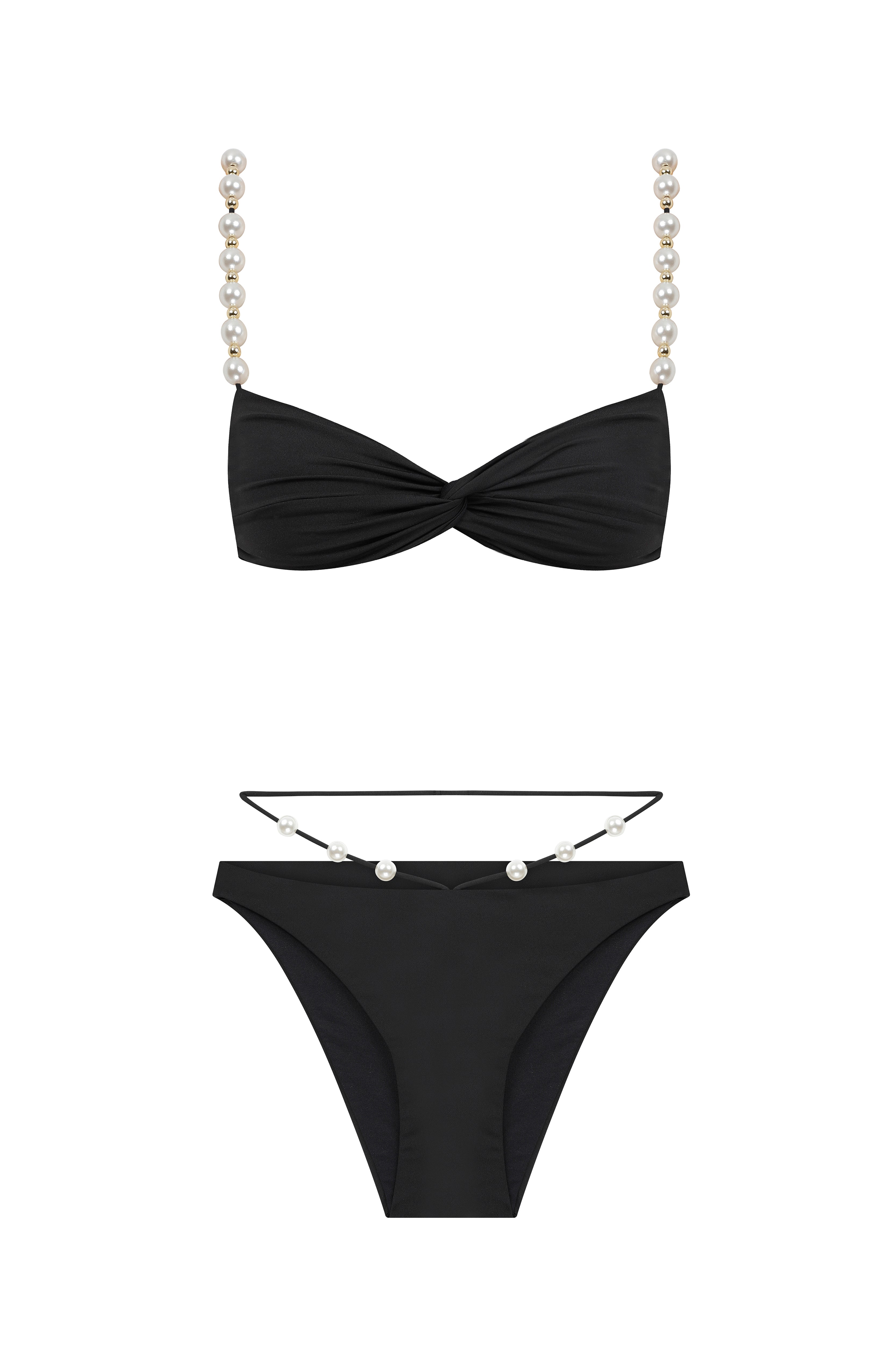 Faux-Pearl Embellished Twist-Front Bikini - Black