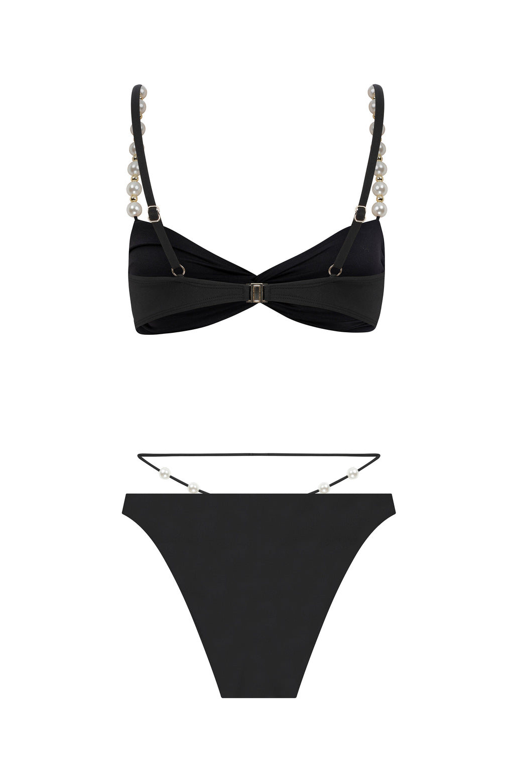 Faux-Pearl Embellished Twist-Front Bikini - Black