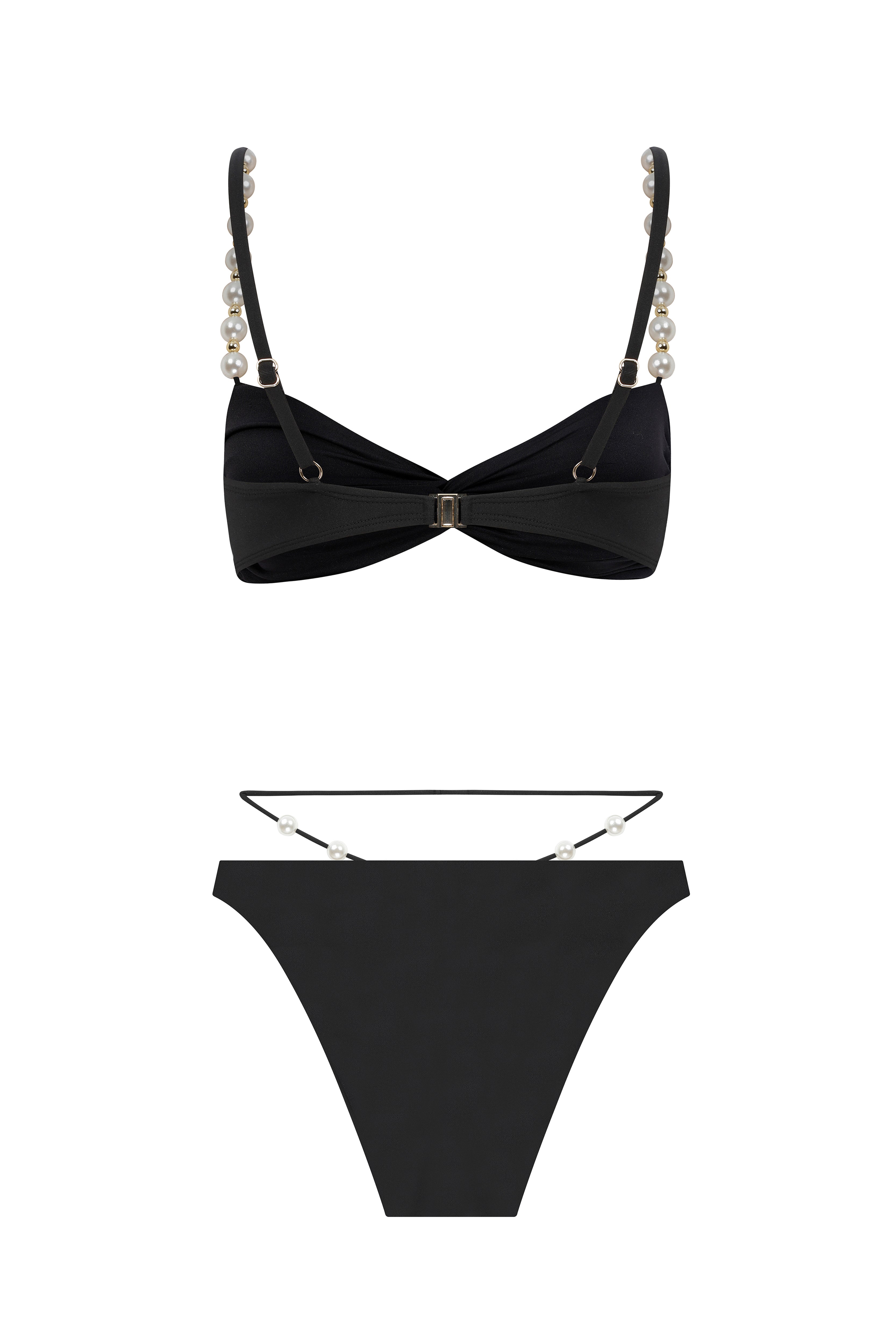 Faux-Pearl Embellished Twist-Front Bikini - Black