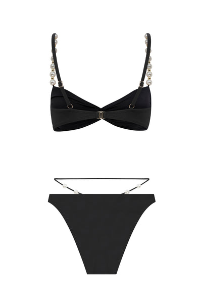 Faux-Pearl Embellished Twist-Front Bikini - Black