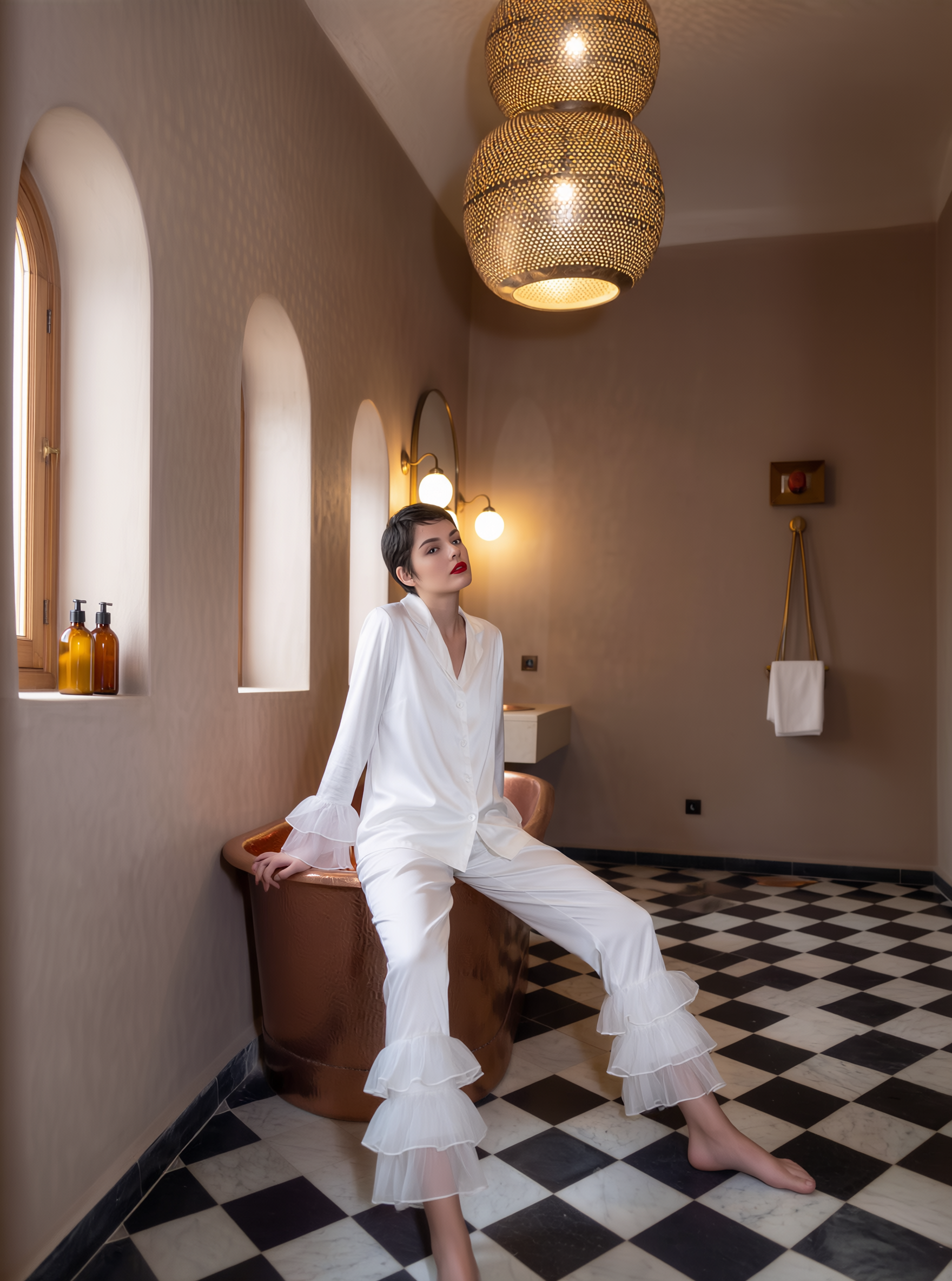 Lunaria Pajama Set With Organza Frill Detail - White