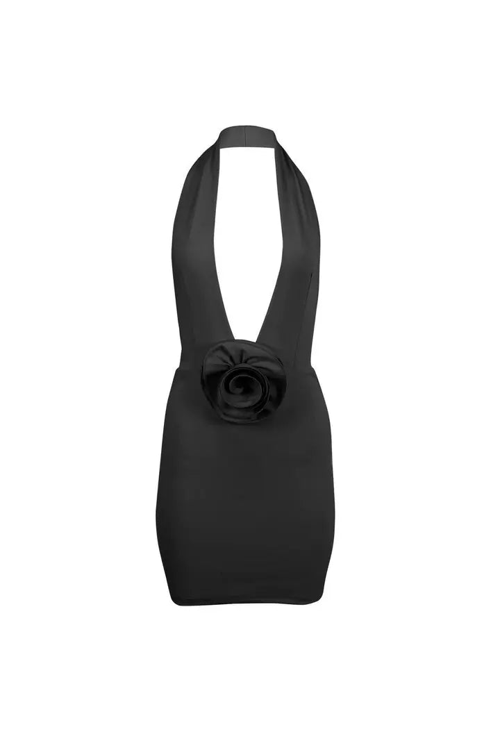 Morella Plunge Neck Open-Back Rose Detail Dress