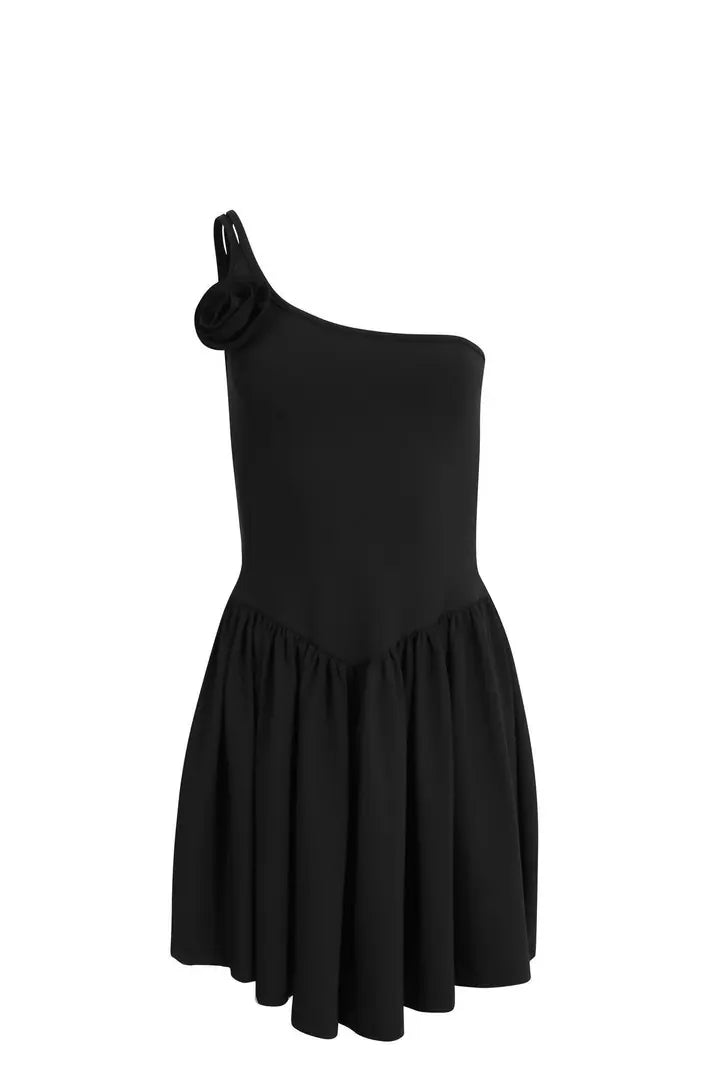 La Spezia Rose Detail One-Shoulder Black Dress
