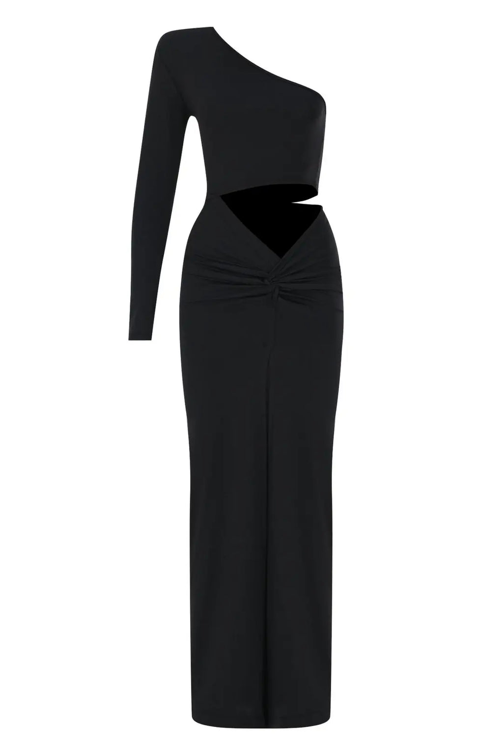 Venice Cut-Out Waist One-Shoulder Padded Shoulder Long Black Dress