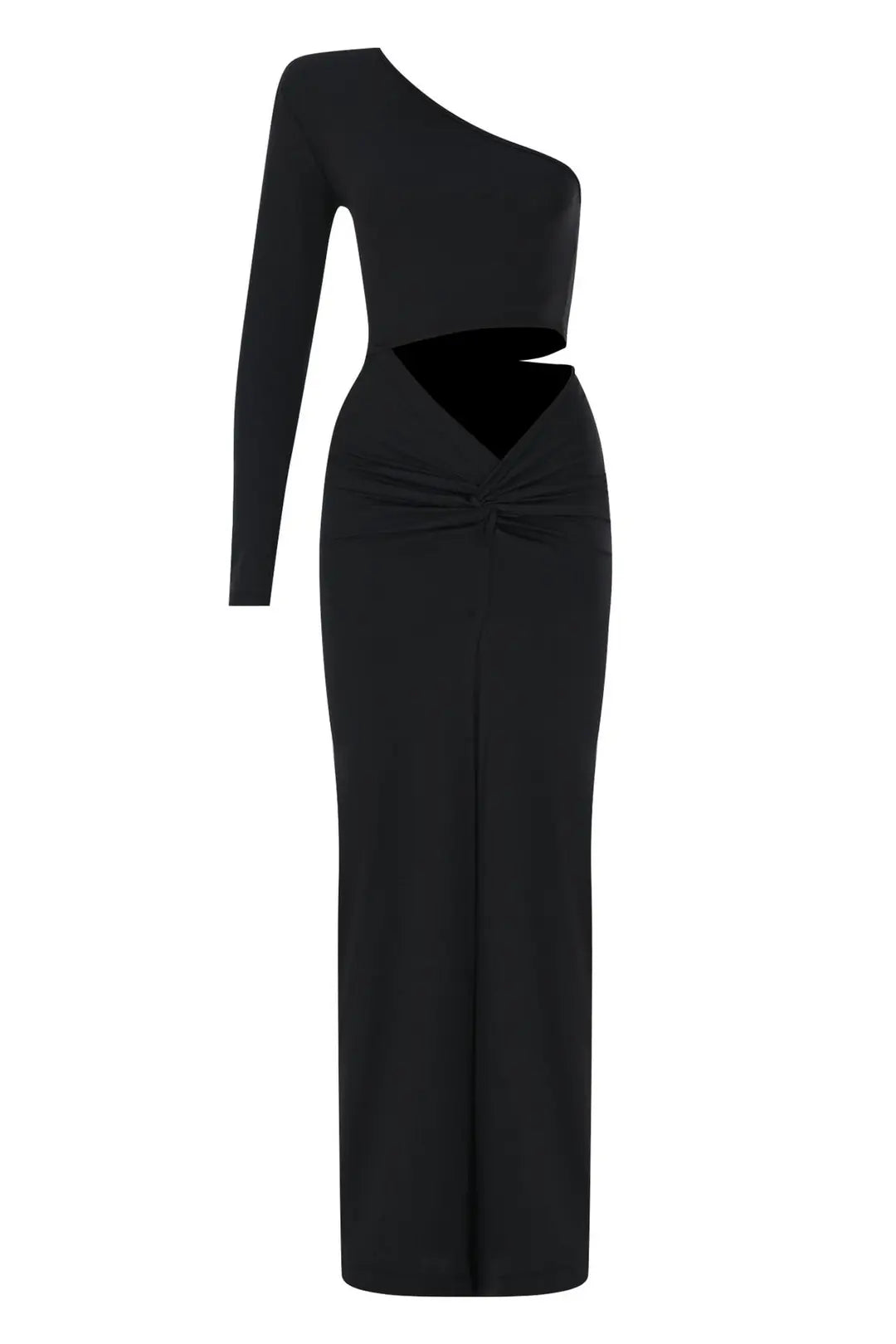 Venice Cut-Out Waist One-Shoulder Padded Shoulder Long Black Dress