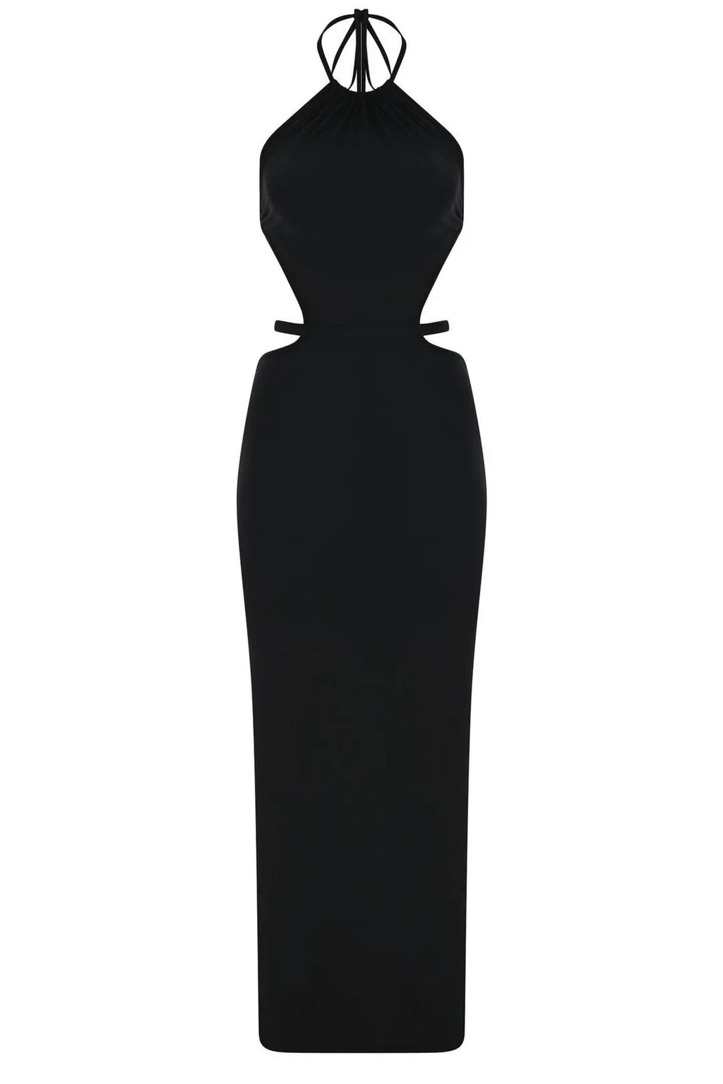 Cote D'Azur Black Halter Neck Open-Back Long Dress with Belt Detail
