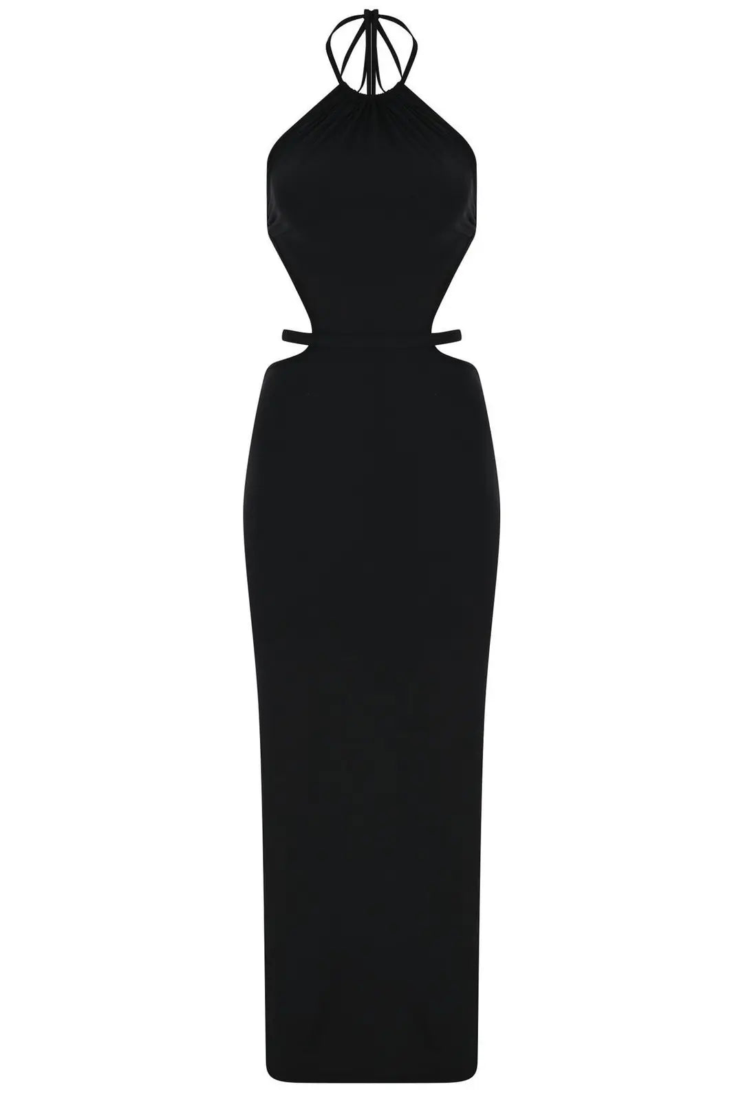 Cote D'Azur Black Halter Neck Open-Back Long Dress with Belt Detail