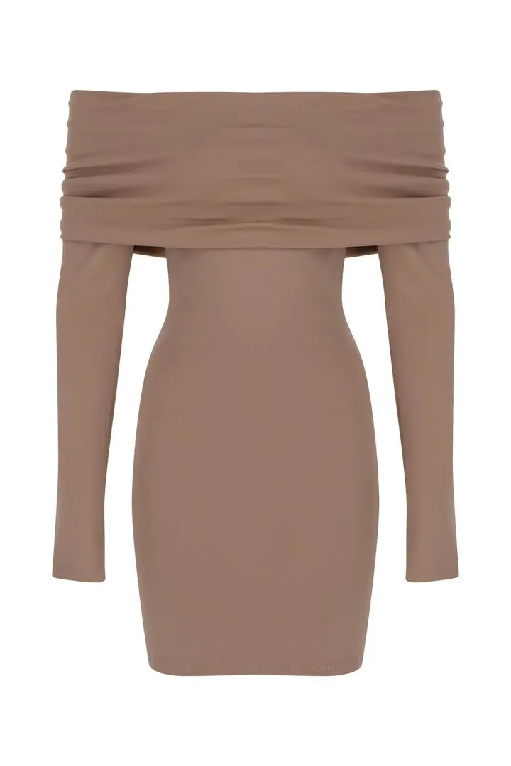 Champain Off-Shoulder Long Sleeve Dress