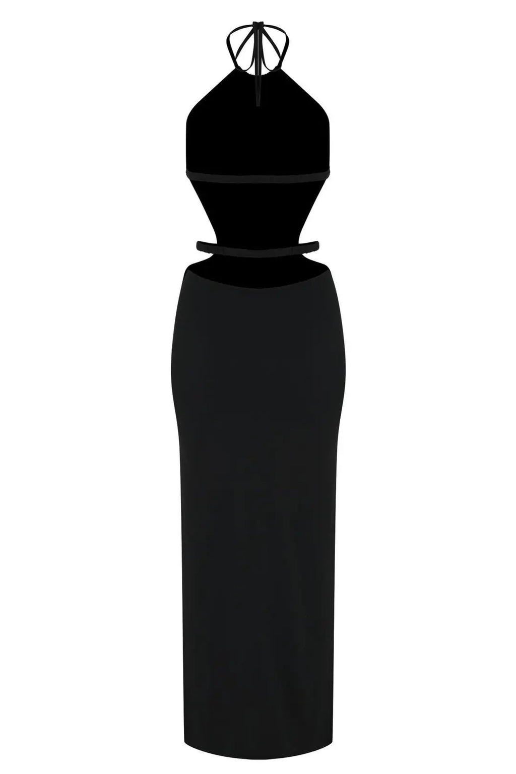 Cote D'Azur Black Halter Neck Open-Back Long Dress with Belt Detail - 2