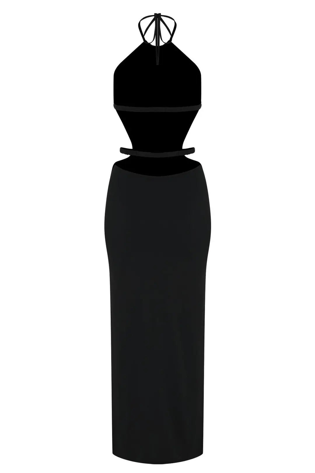 Cote D'Azur Black Halter Neck Open-Back Long Dress with Belt Detail - 2