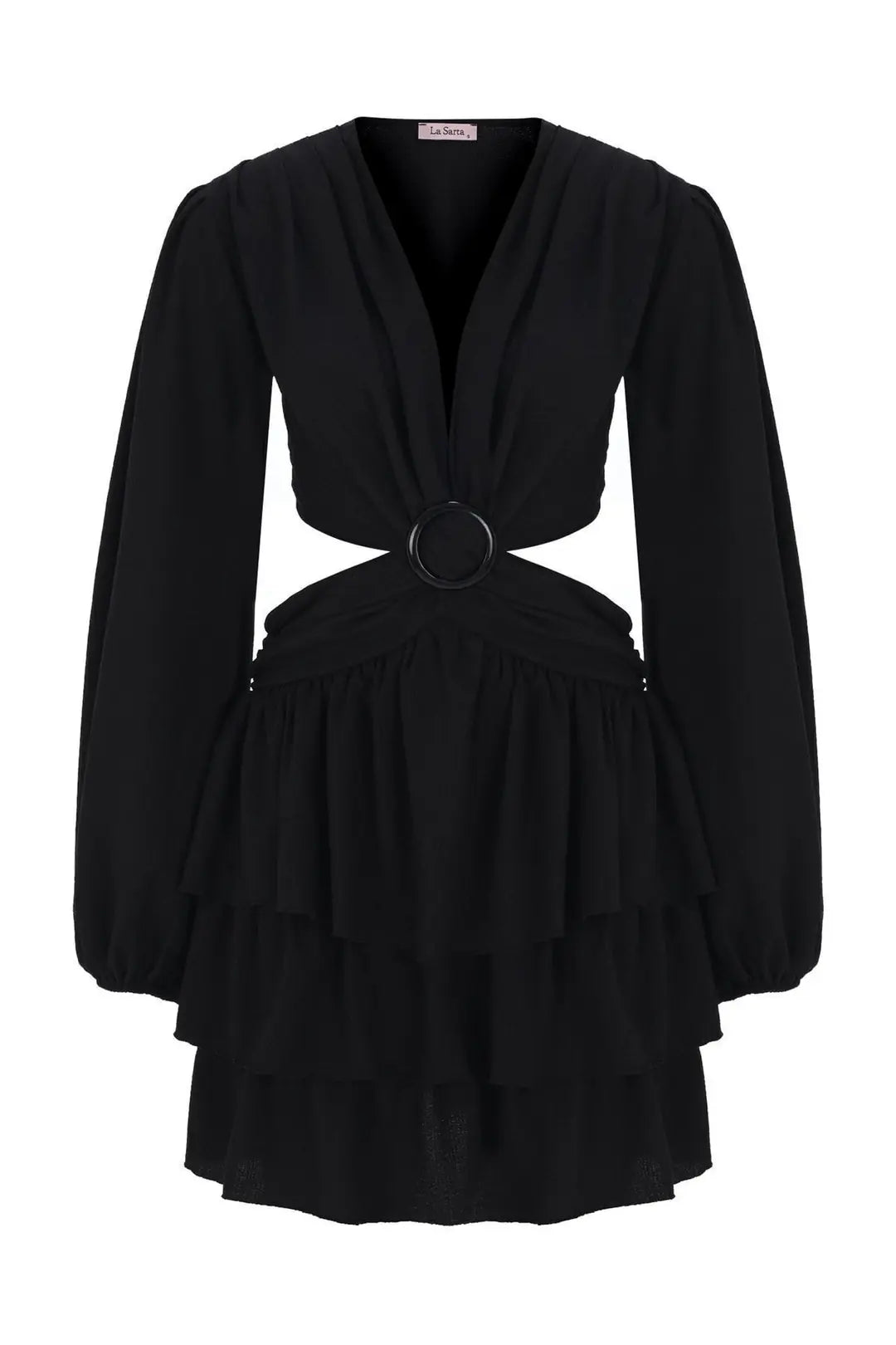 Nice Balloon Sleeve Ruffle Buckle Dress - 9