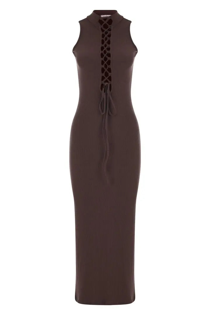 Pisa Front-Tie Open-Front Ribbed High Neck Long Dress