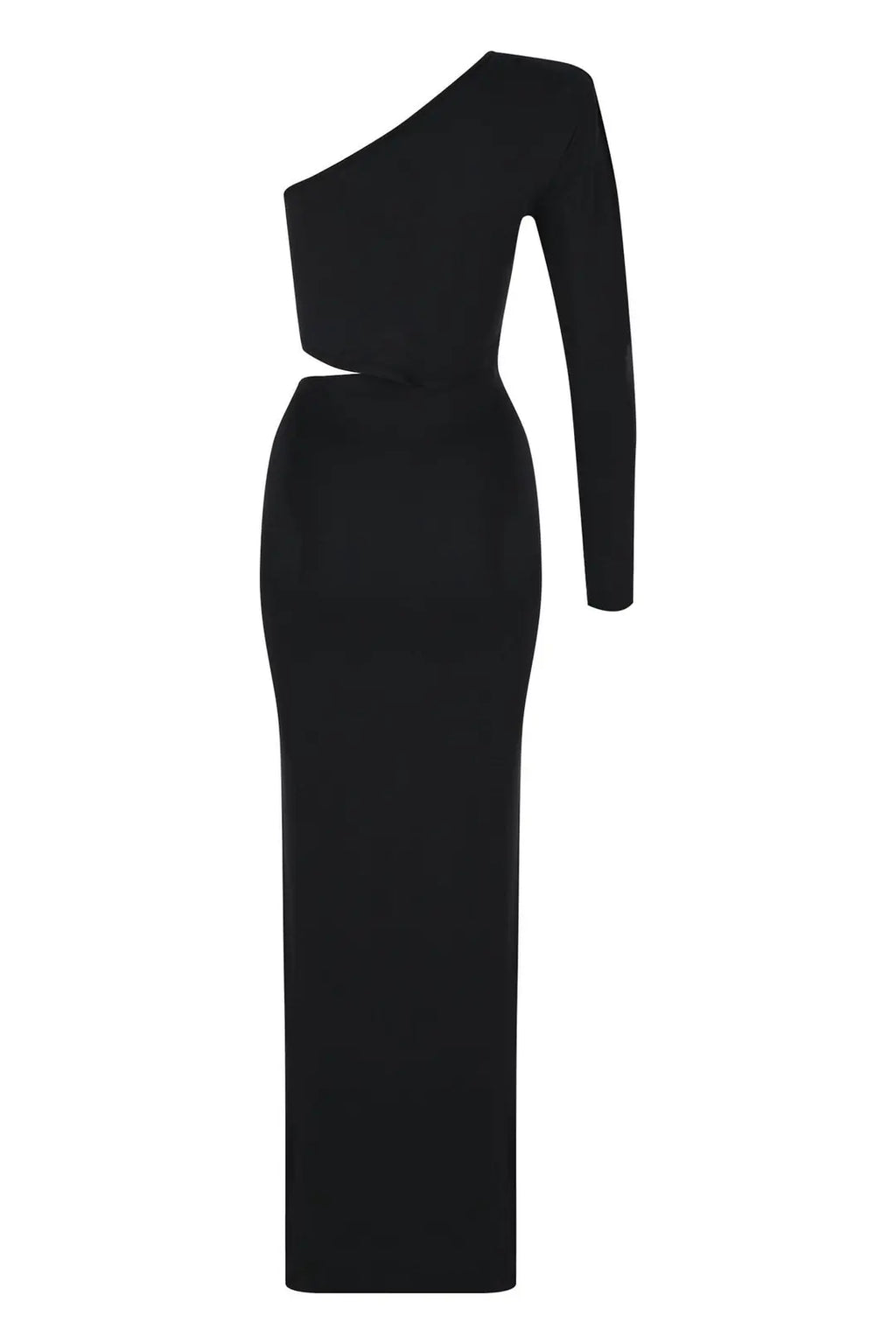 Venice Cut-Out Waist One-Shoulder Padded Shoulder Long Black Dress - 2
