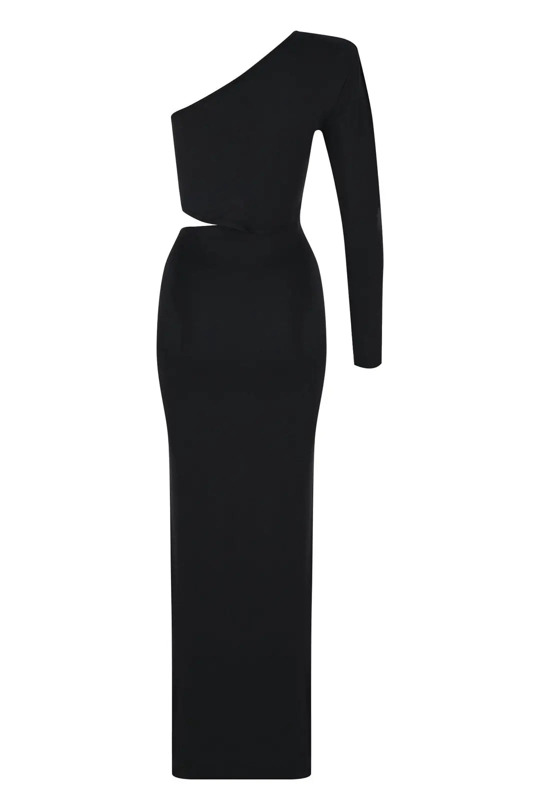 Venice Cut-Out Waist One-Shoulder Padded Shoulder Long Black Dress - 2