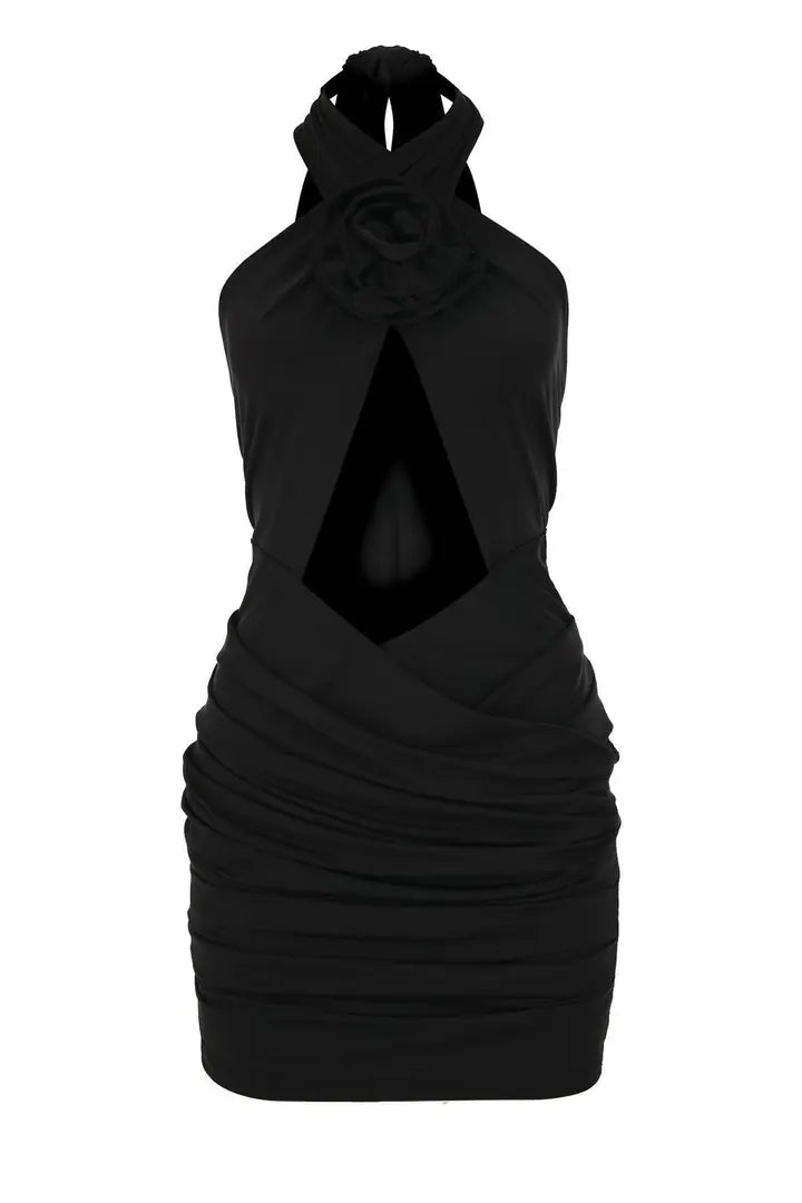 Paul De Vence Halter Neck Rose Detail Open-Back Draped Mini Dress