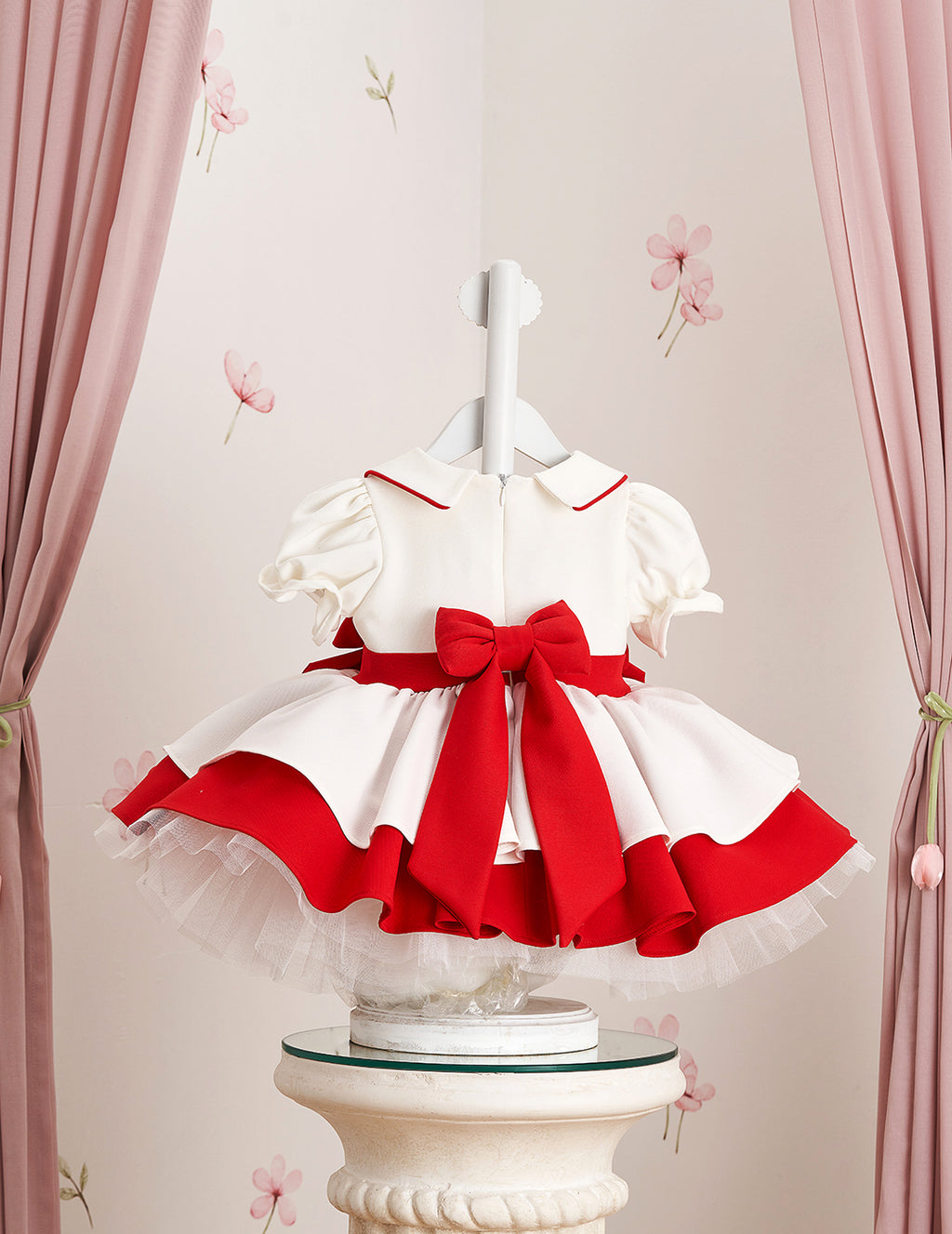 Red Detail Double Skirt Embroidered Dress