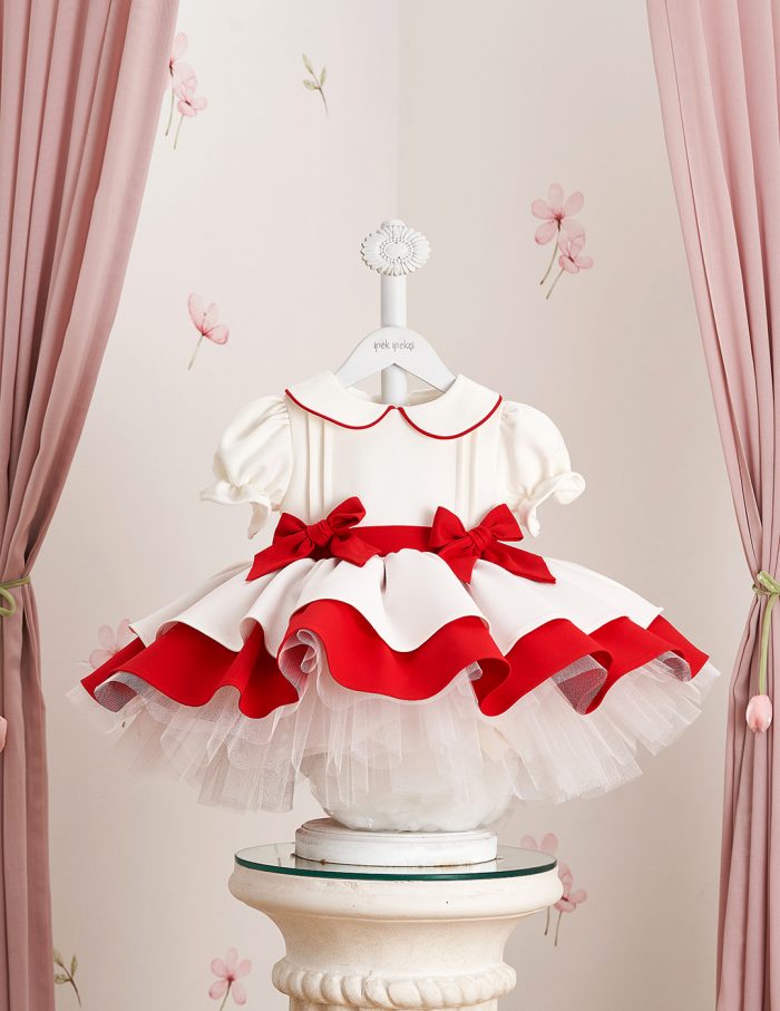 Red Detail Double Skirt Embroidered Dress