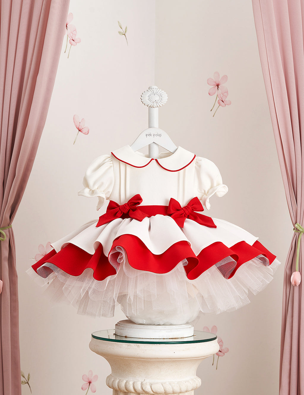 Red Detail Double Skirt Embroidered Dress