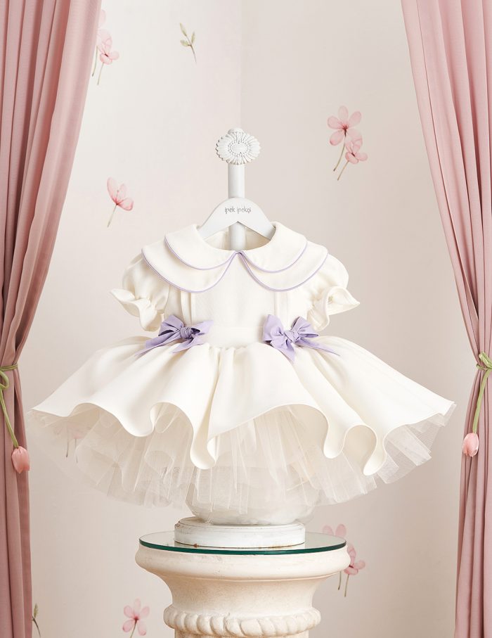 Lilac Detail Double Bow & Peter Pan Collar Embroidered Dress